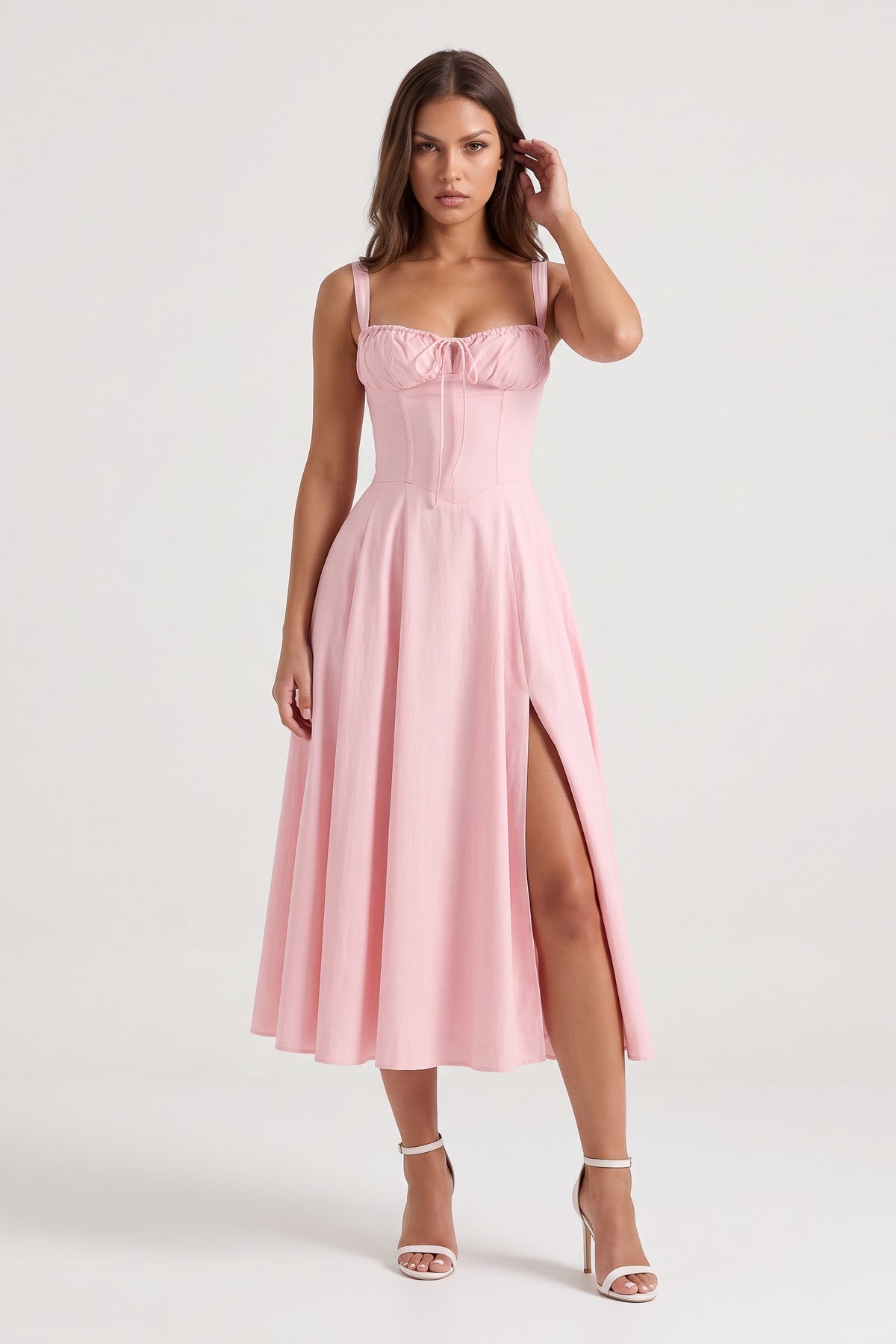 Aurora Pink midi dress, front view