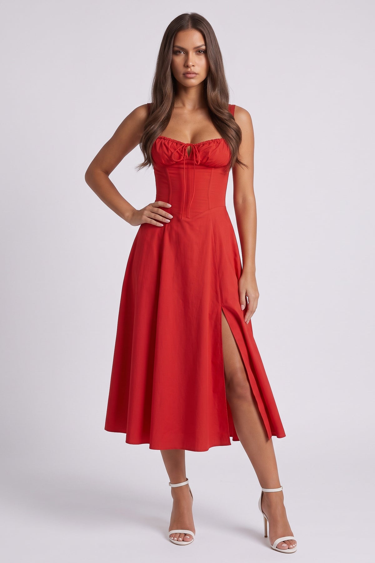 Aurora Red midi dress, front view