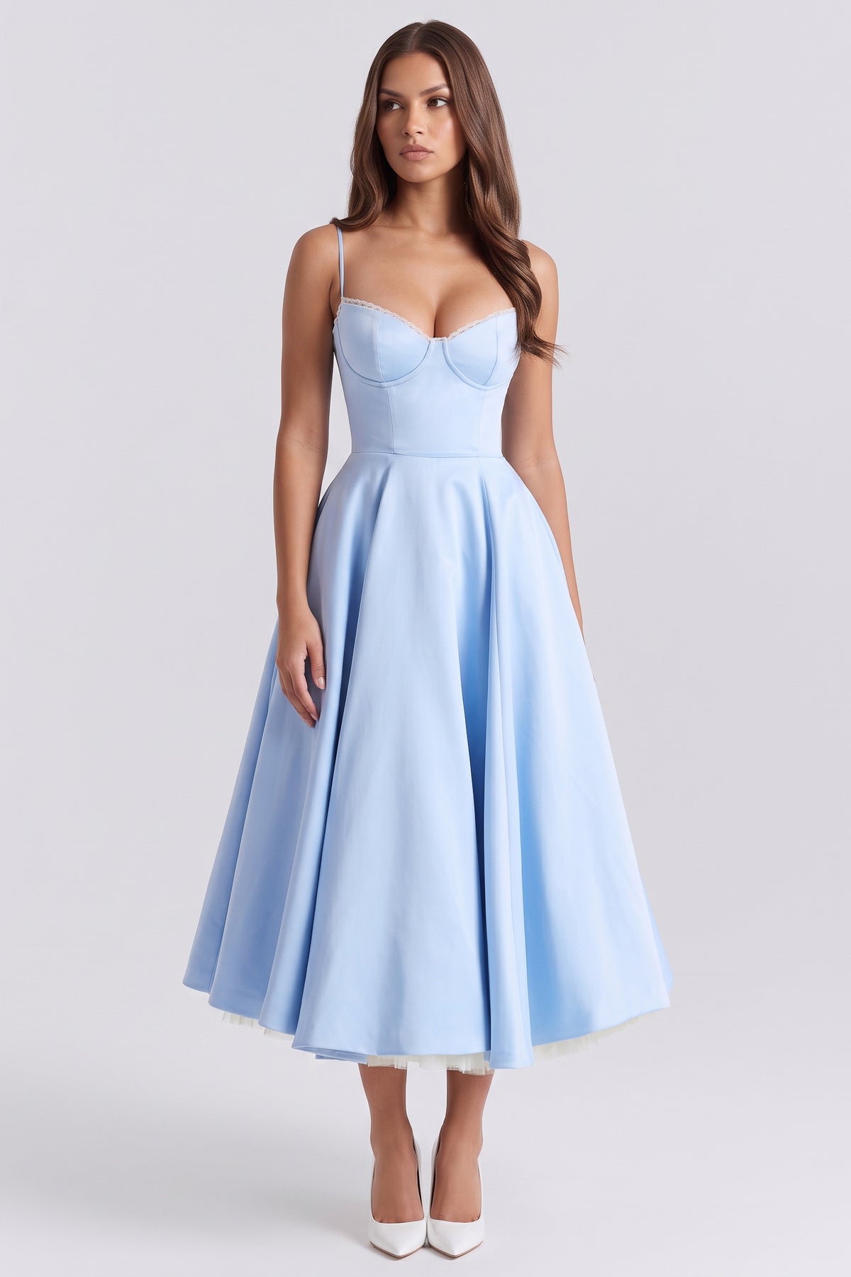 selene baby blue midi dress front hero