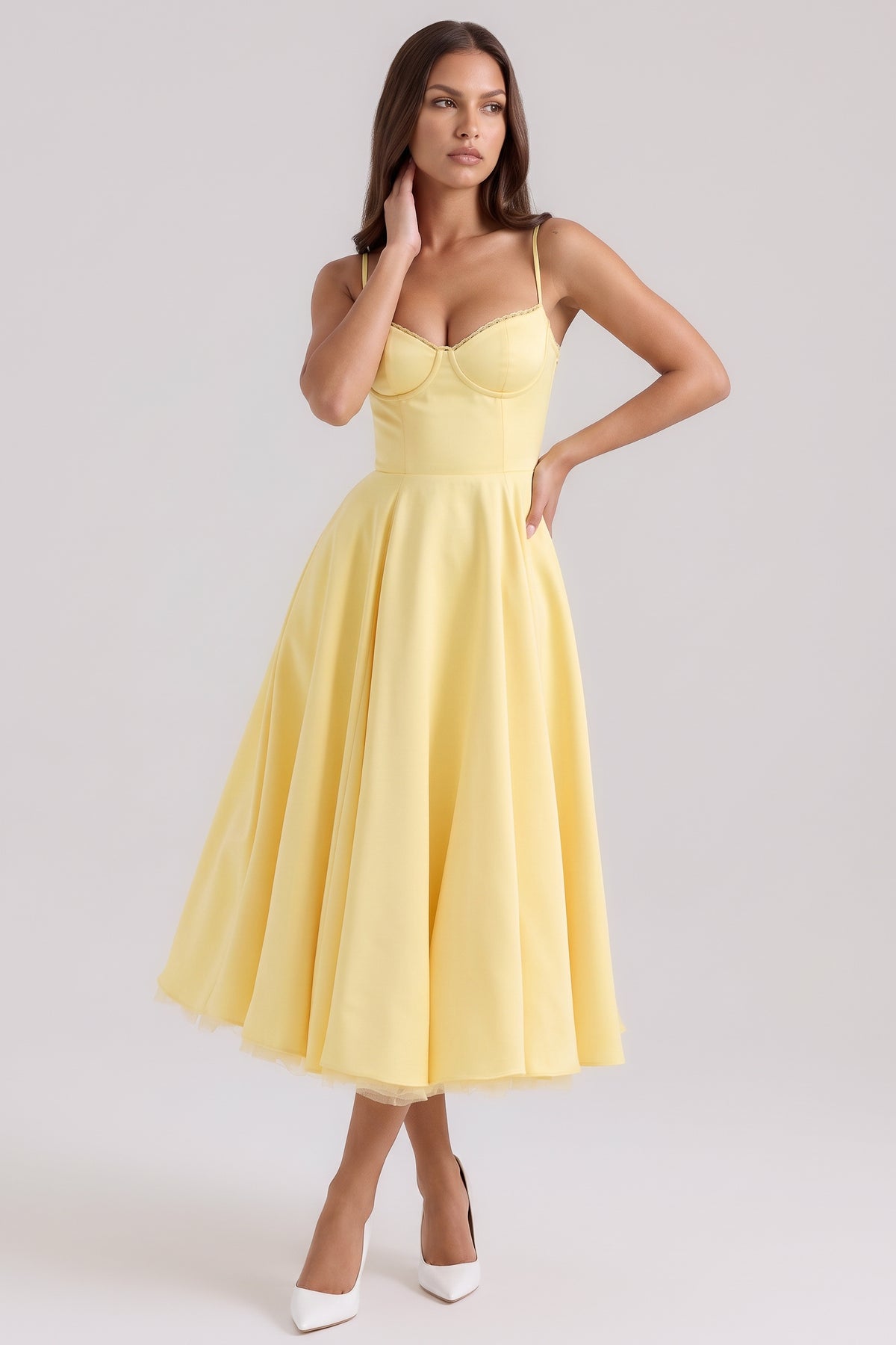 selene butter yellow midi dress front hero