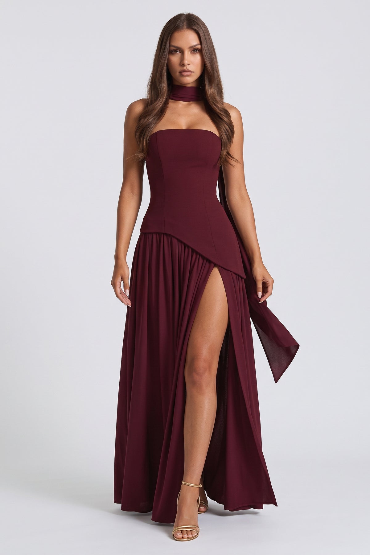 Serena Burgundy maxi dress, front view