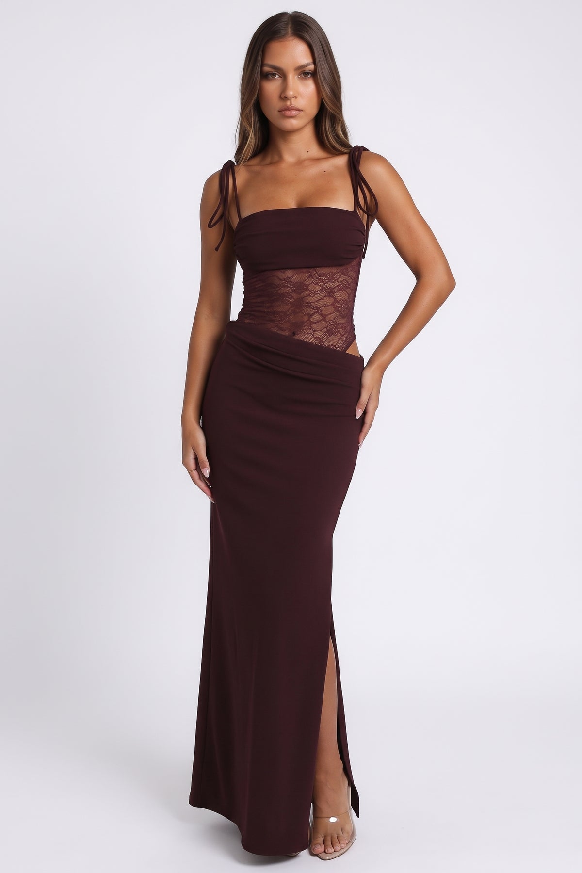 Valeria Burgundy maxi dress, front view