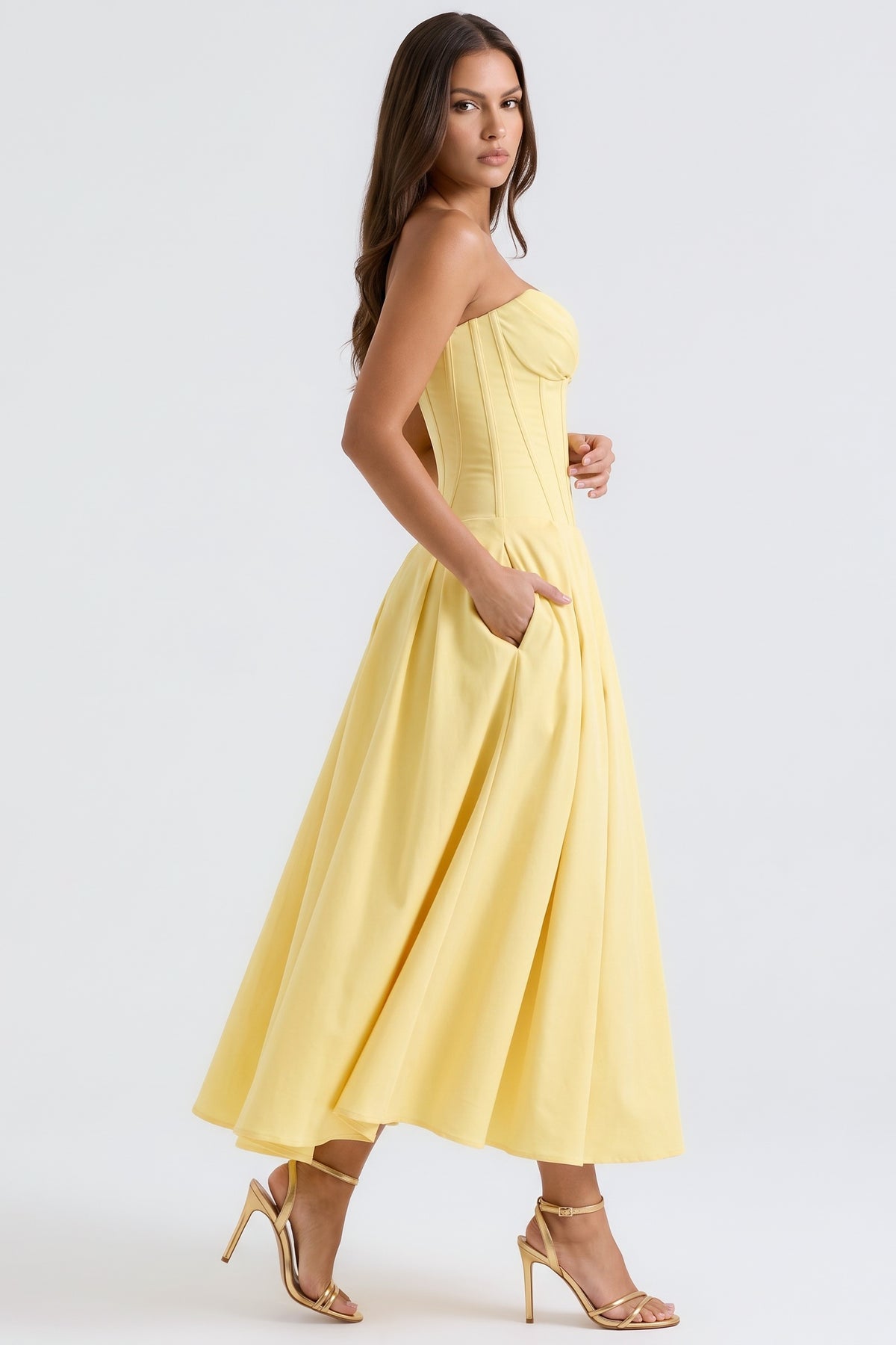 amalfi light yellow midi dress pocket view