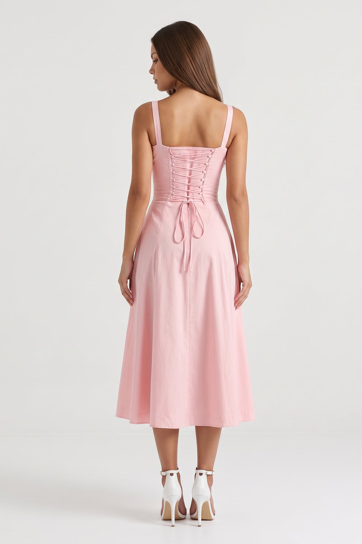 Aurora Pink midi dress, lace up back view