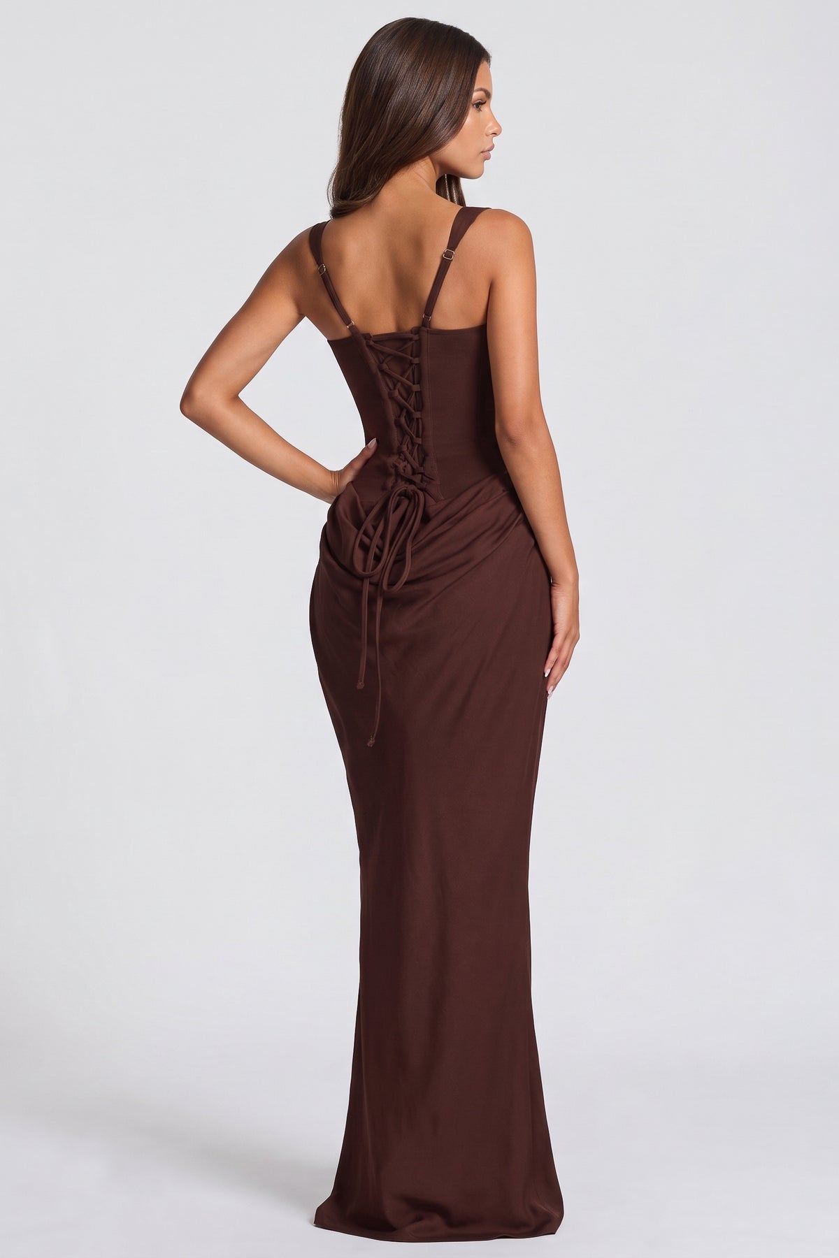 eleonora chocolate maxi dress lace up back