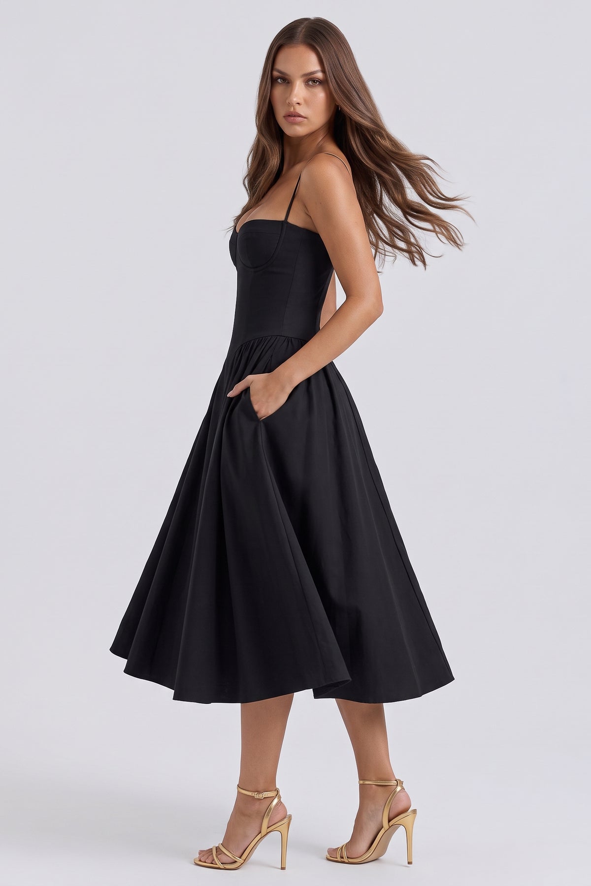 francesca black midi dress pocket side view