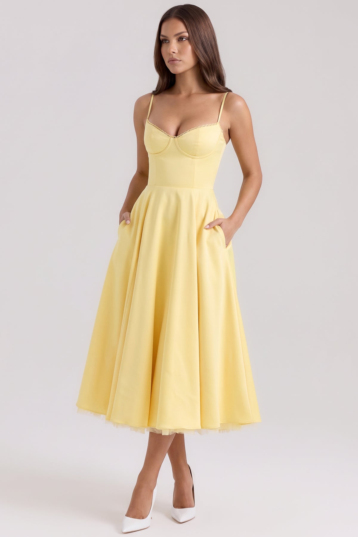 selene butter yellow midi dress pocket view