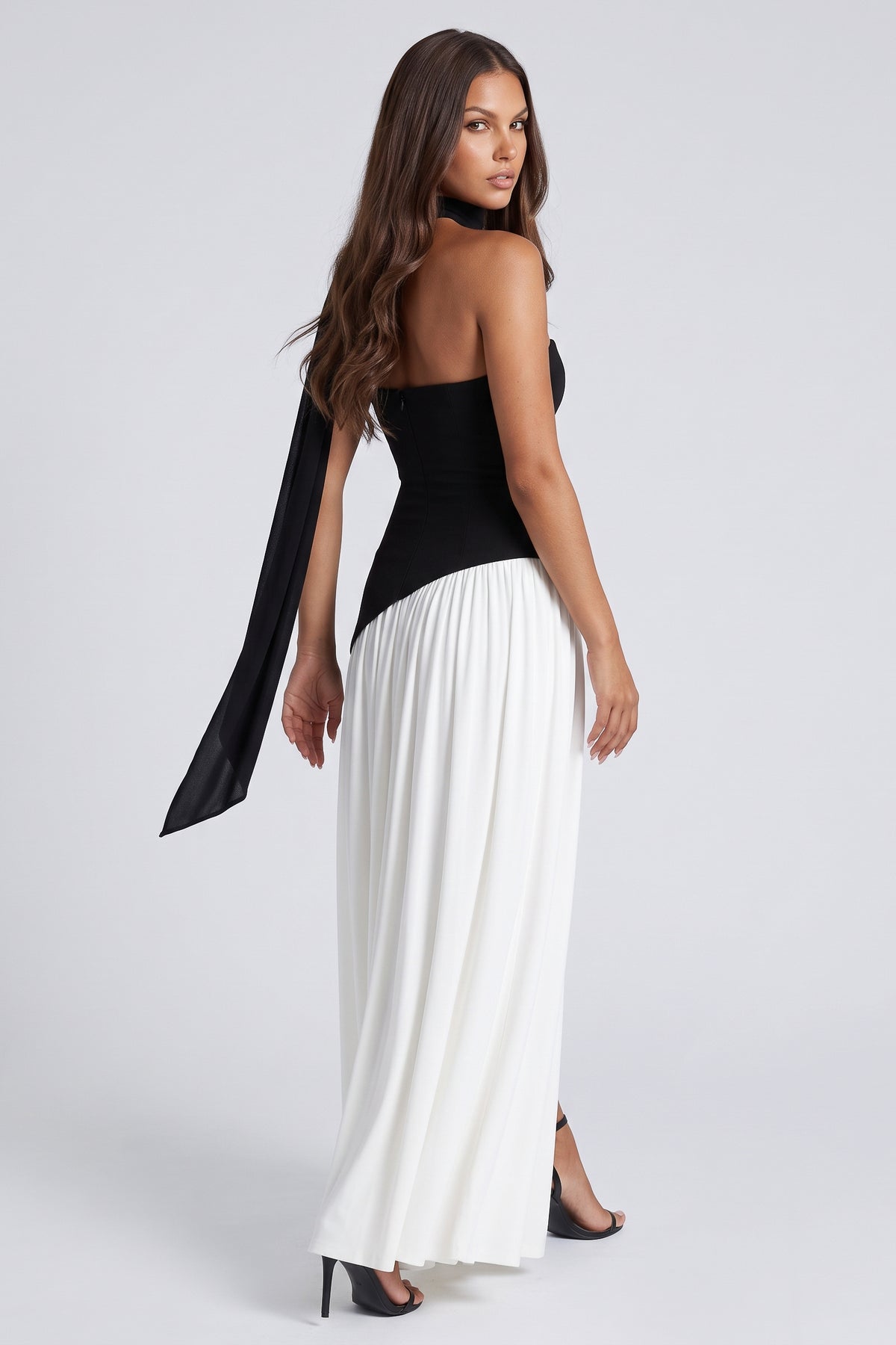 Serena Black and White maxi dress, three quarter back