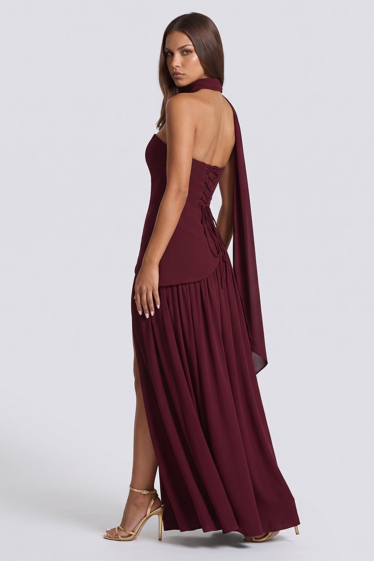 Serena Burgundy maxi dress, three quarter back