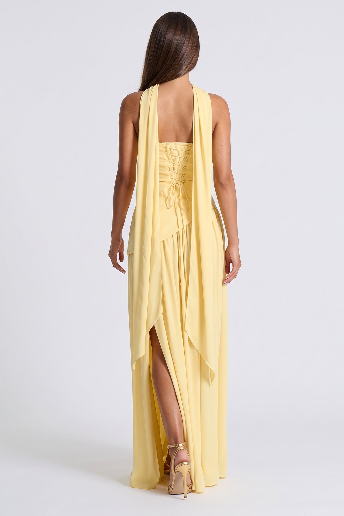 Serena Butter Yellow maxi dress, lace up back view