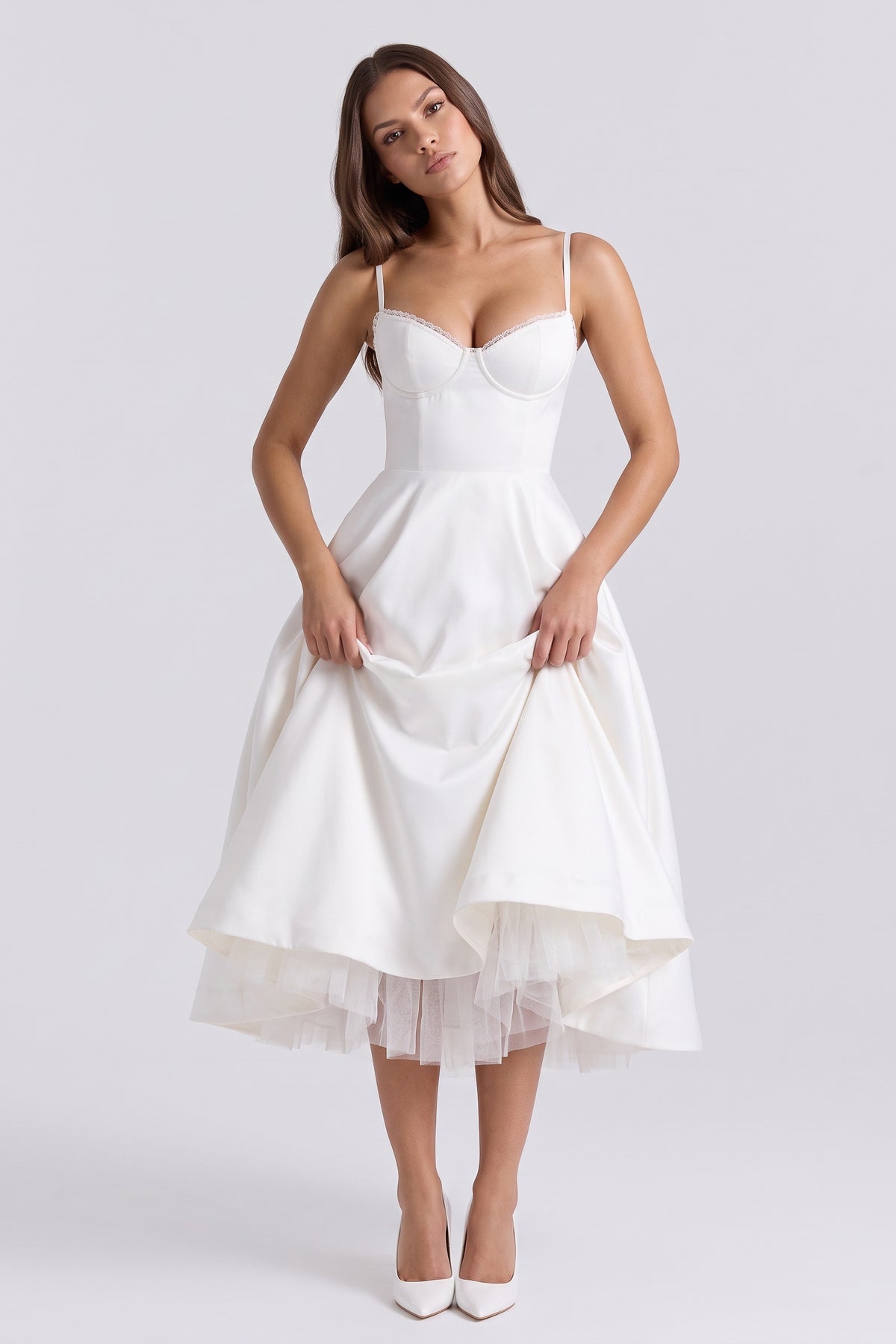 selene white midi dress tulle underskirt view