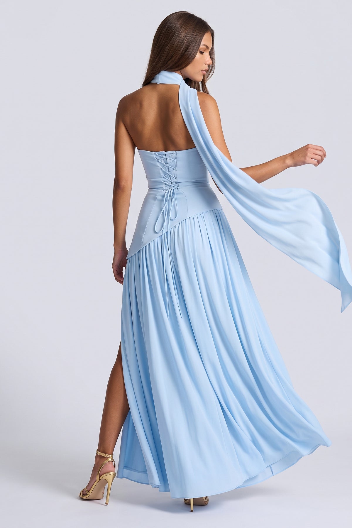 Serena Baby Blue maxi dress, skirt scarf movement