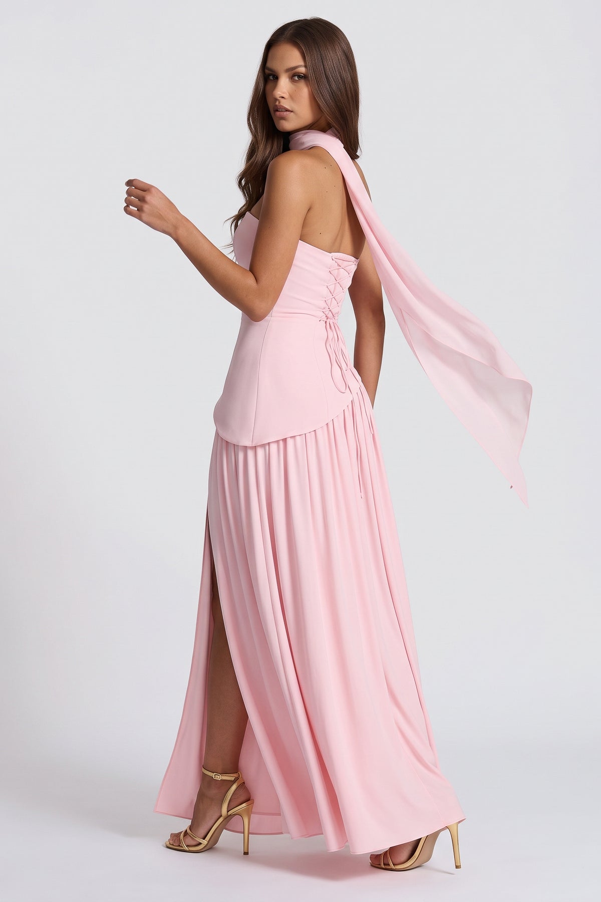 Serena Pink maxi dress, scarf movement