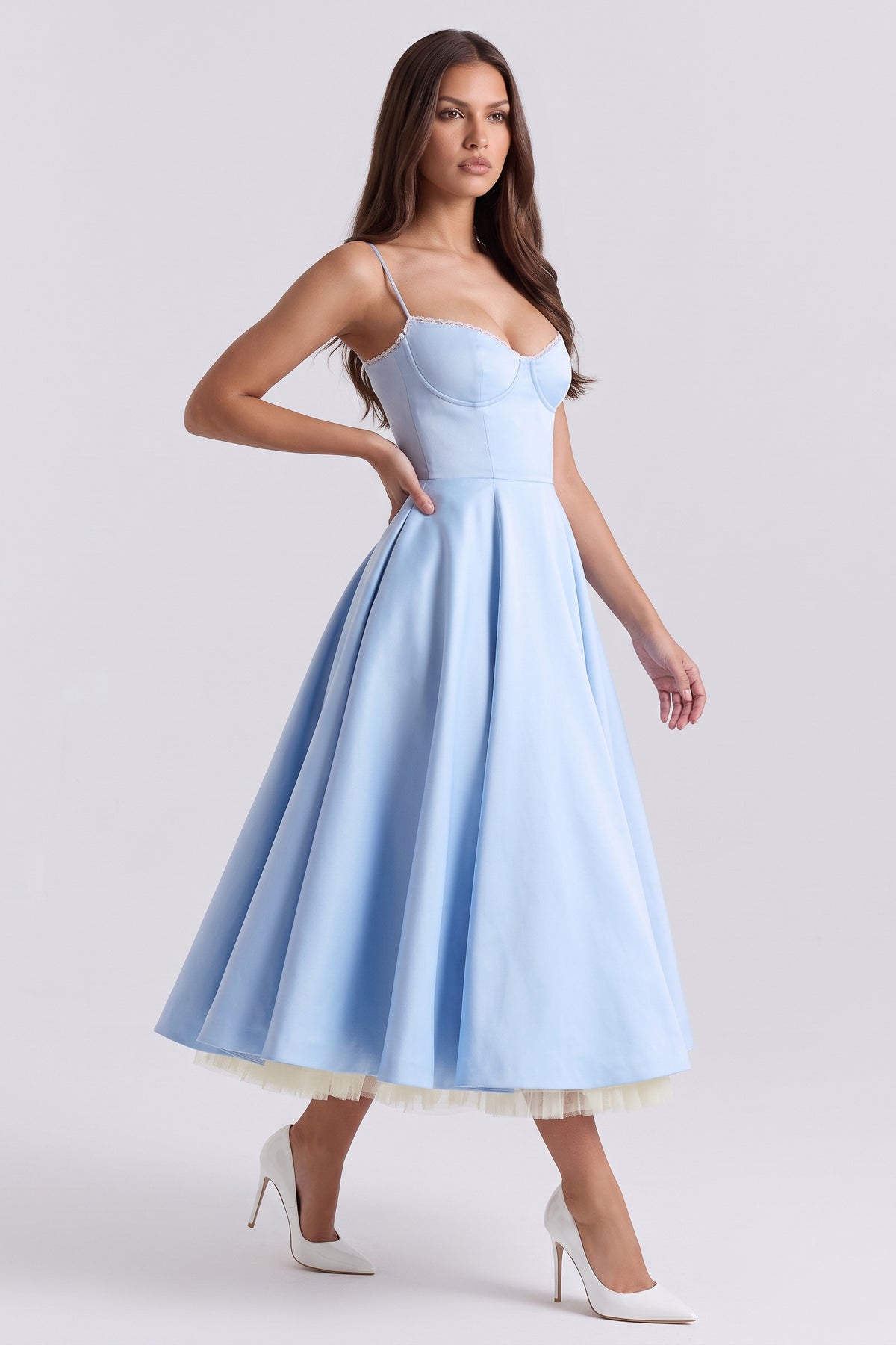 selene baby blue midi dress three quarter front