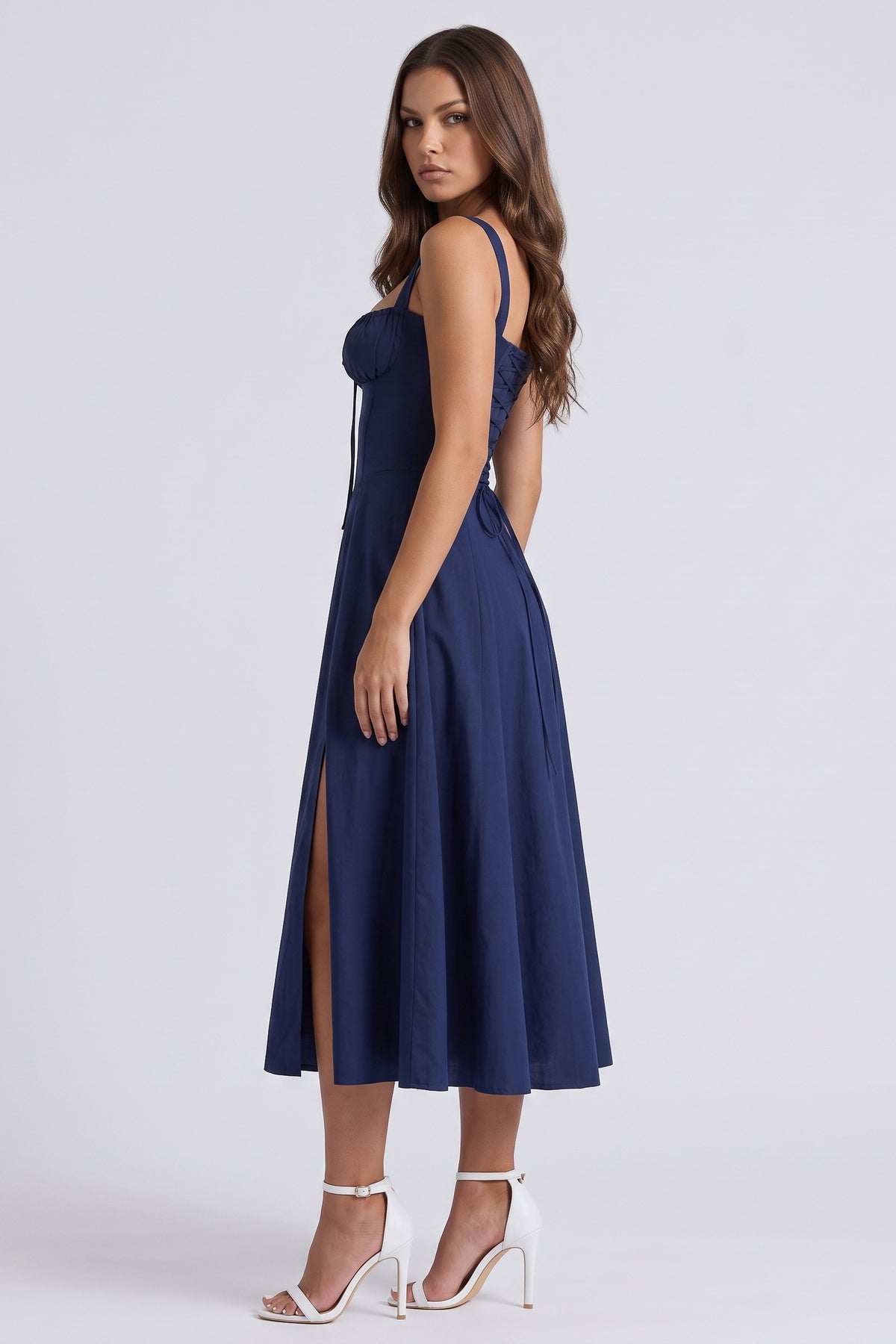 Aurora Dark Blue midi dress, side view