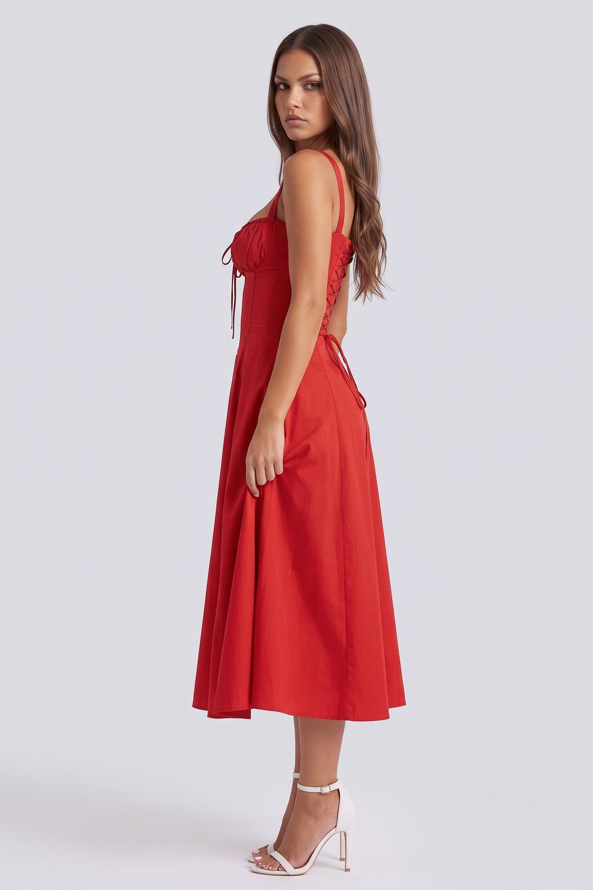 Aurora Red midi dress, side view