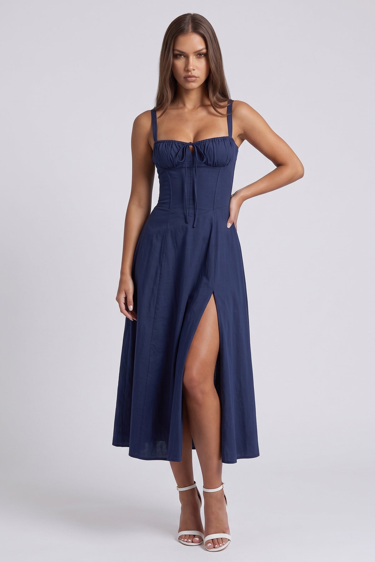 Aurora Dark Blue midi dress, front view