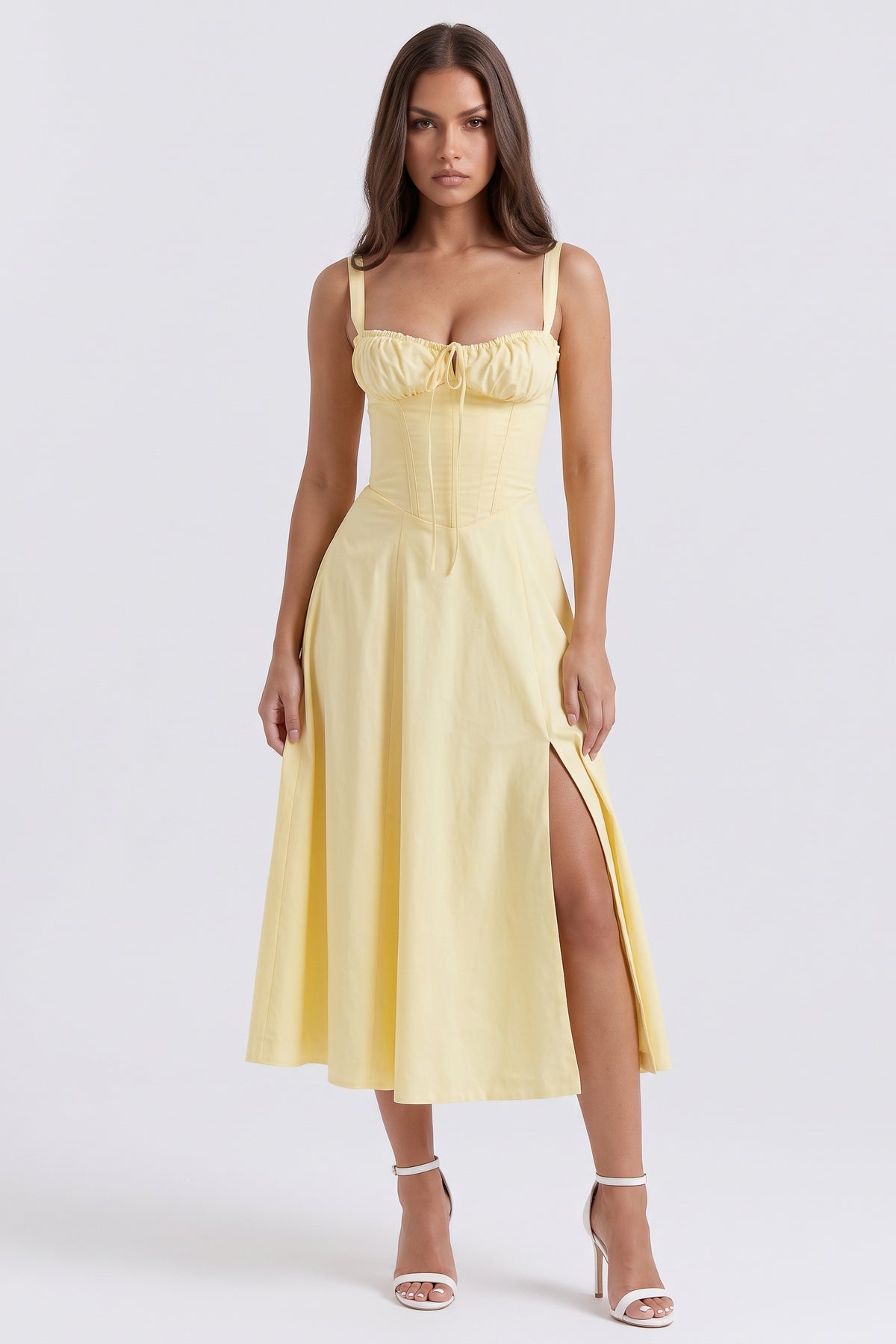Aurora Light Yellow midi dress, front view