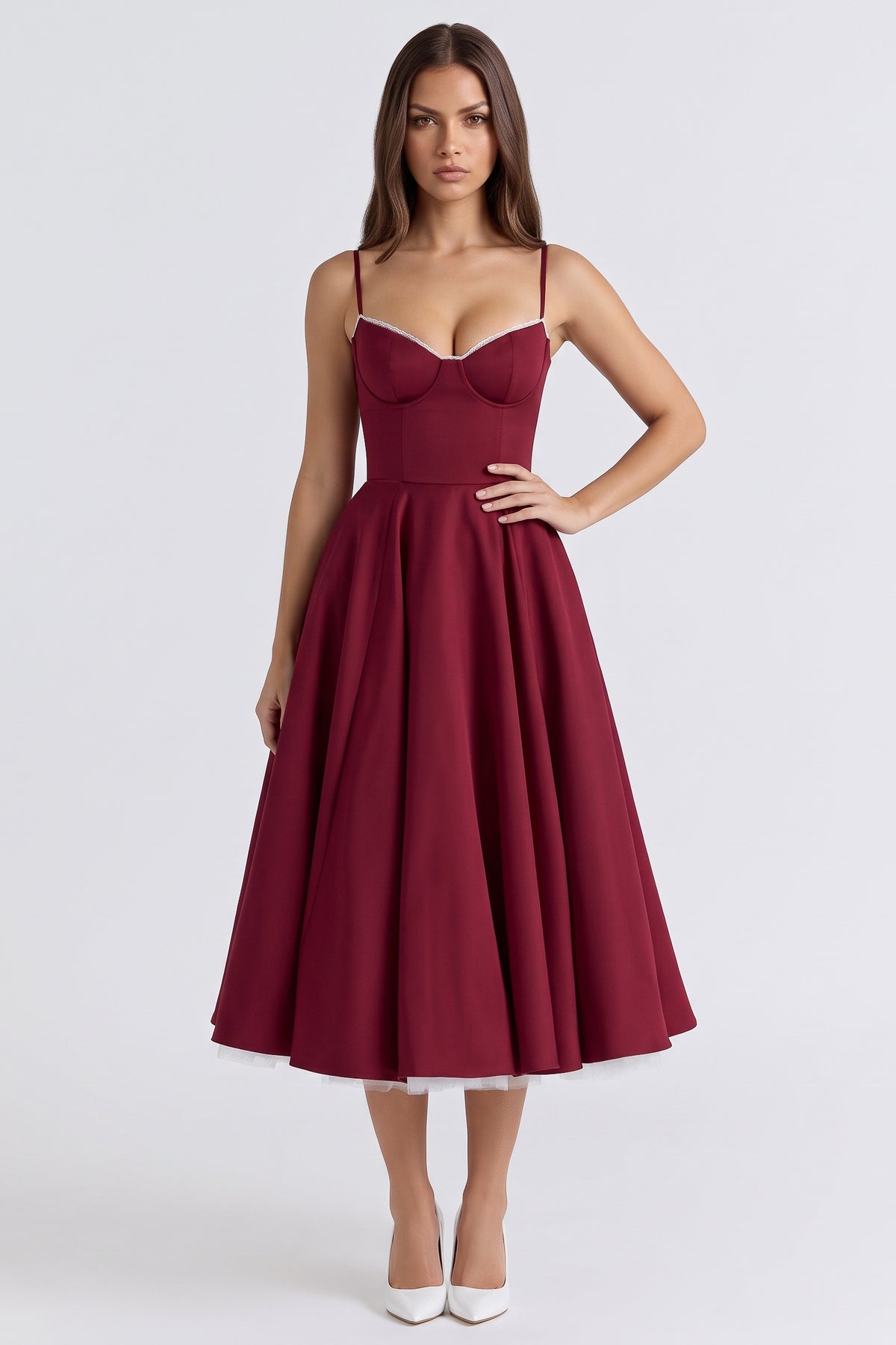 selene burgundy midi dress front hero