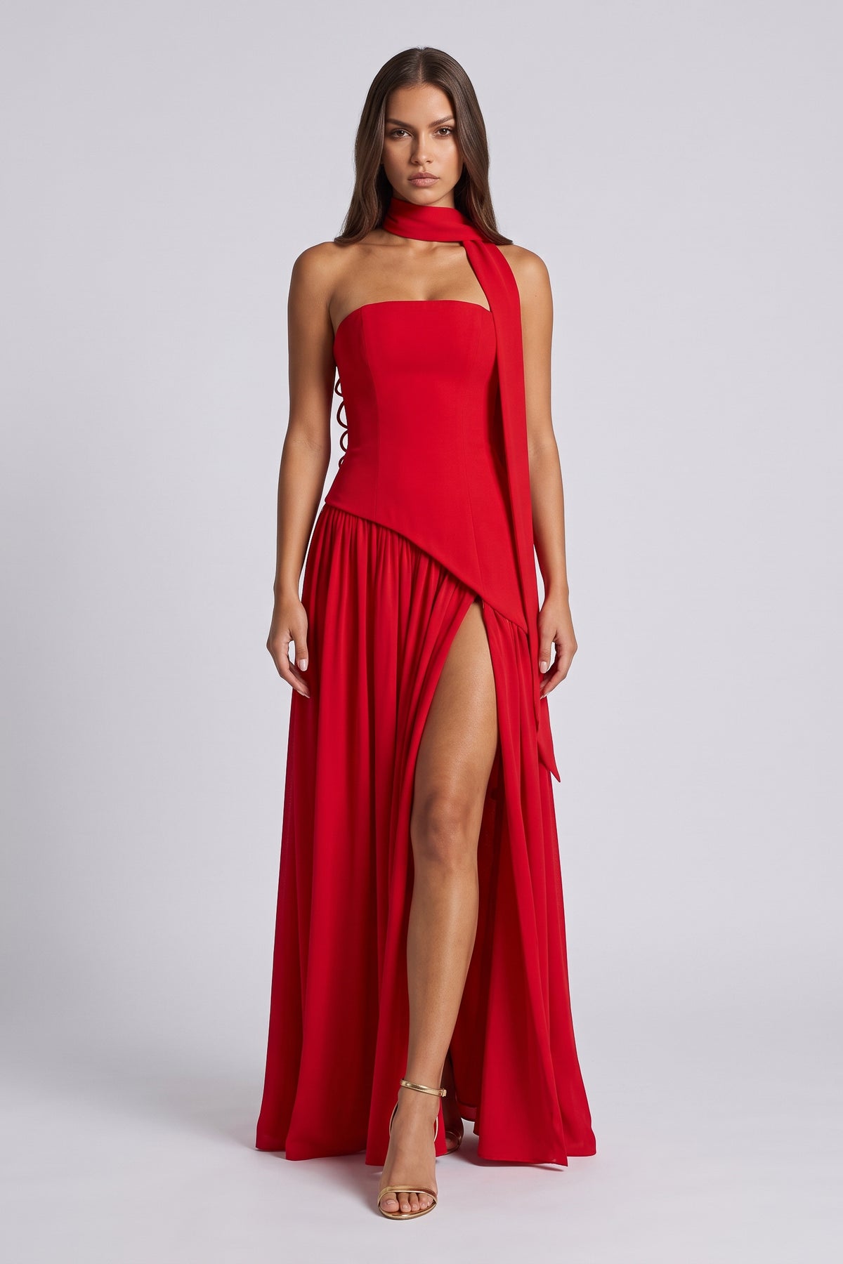 Serena Red maxi dress, front view