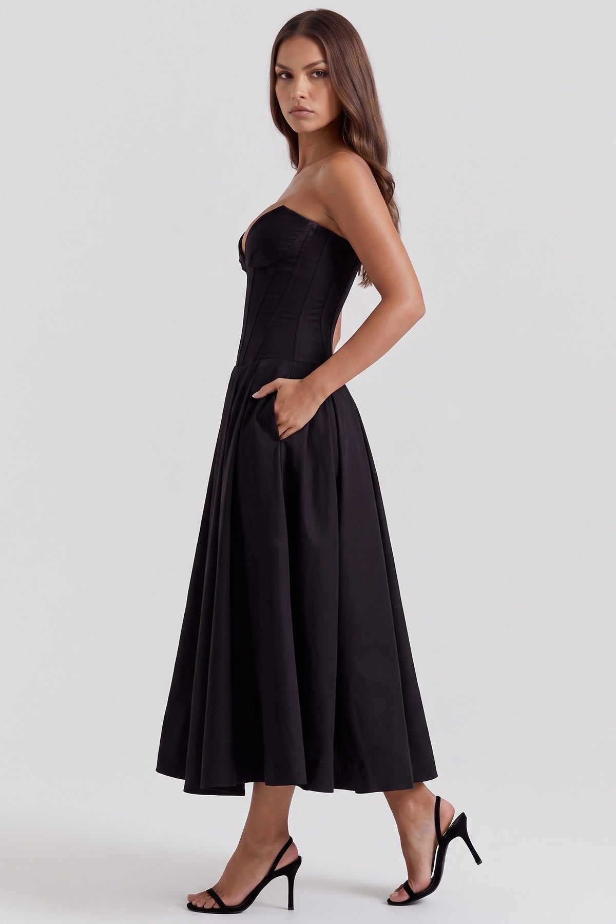 amalfi black midi dress pocket view
