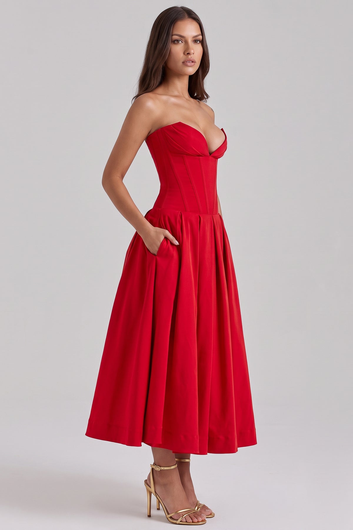 amalfi red midi dress pocket view