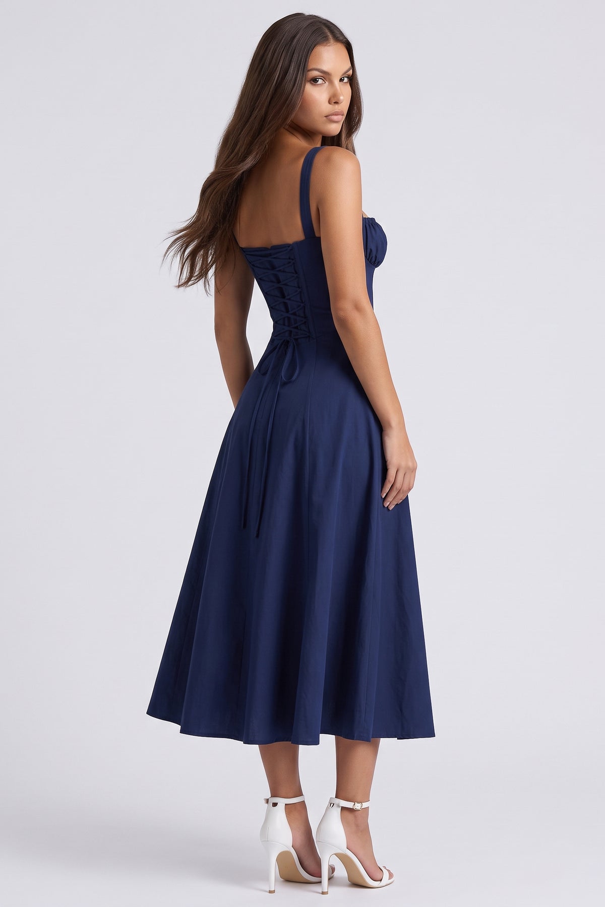 Aurora Dark Blue midi dress, three quarter back