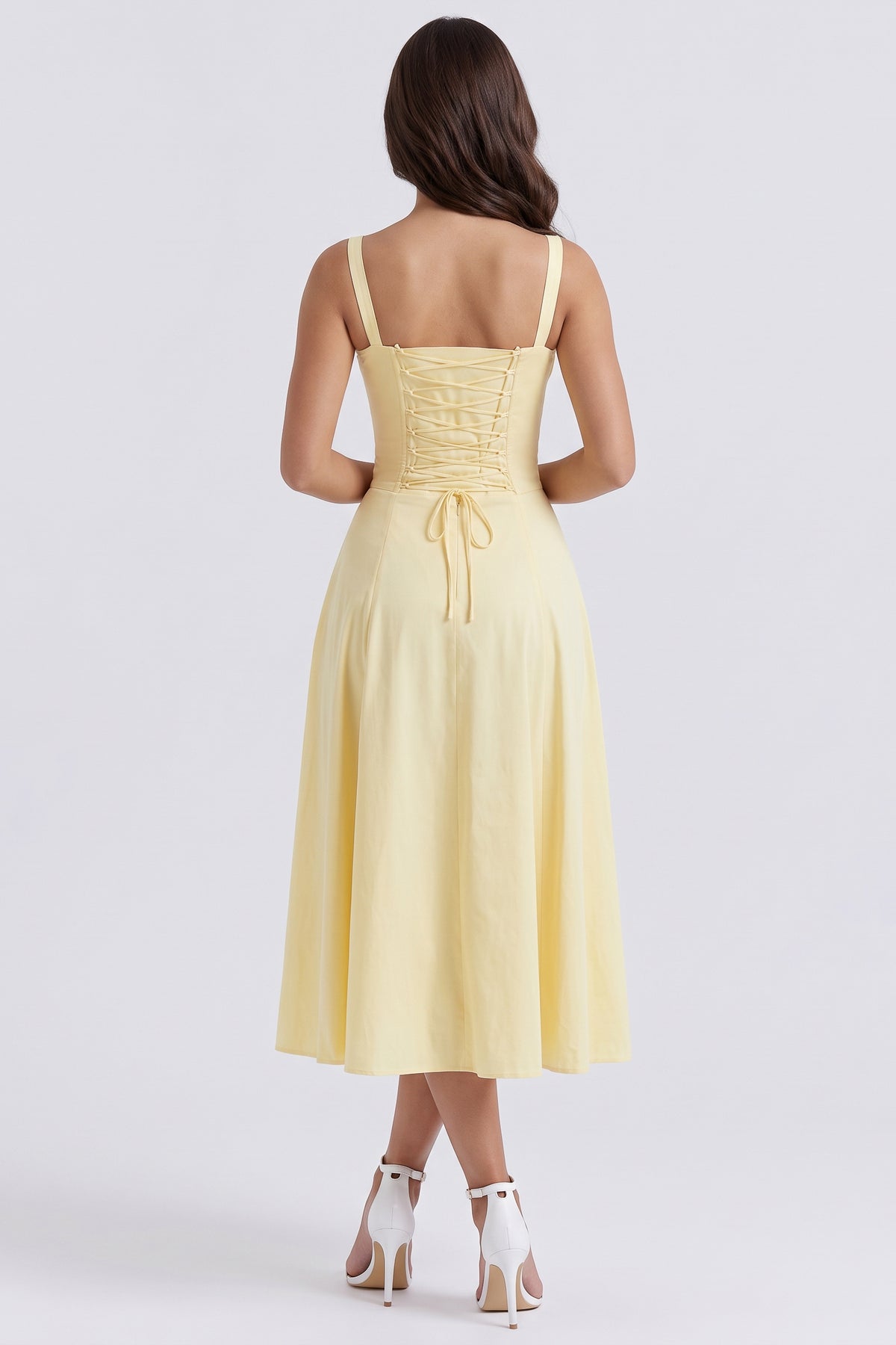Aurora Light Yellow midi dress, lace up back view