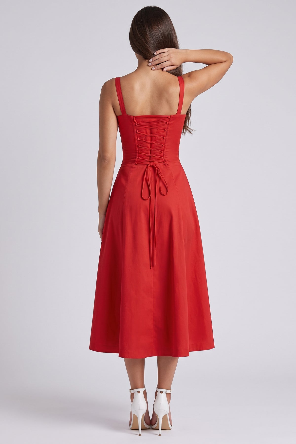 Aurora Red midi dress, lace up back view