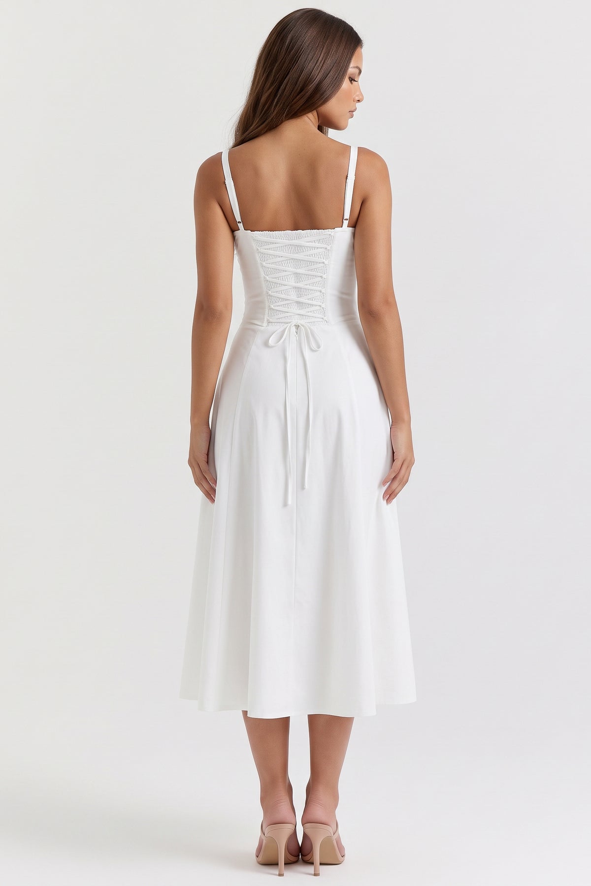 Aurora White midi dress, lace up back view