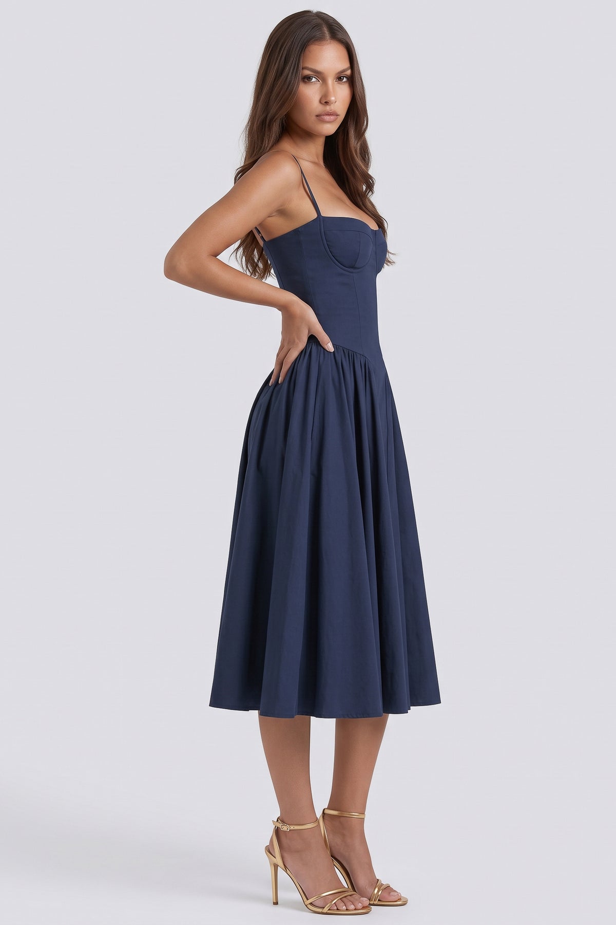 francesca navy midi dress three quarter front