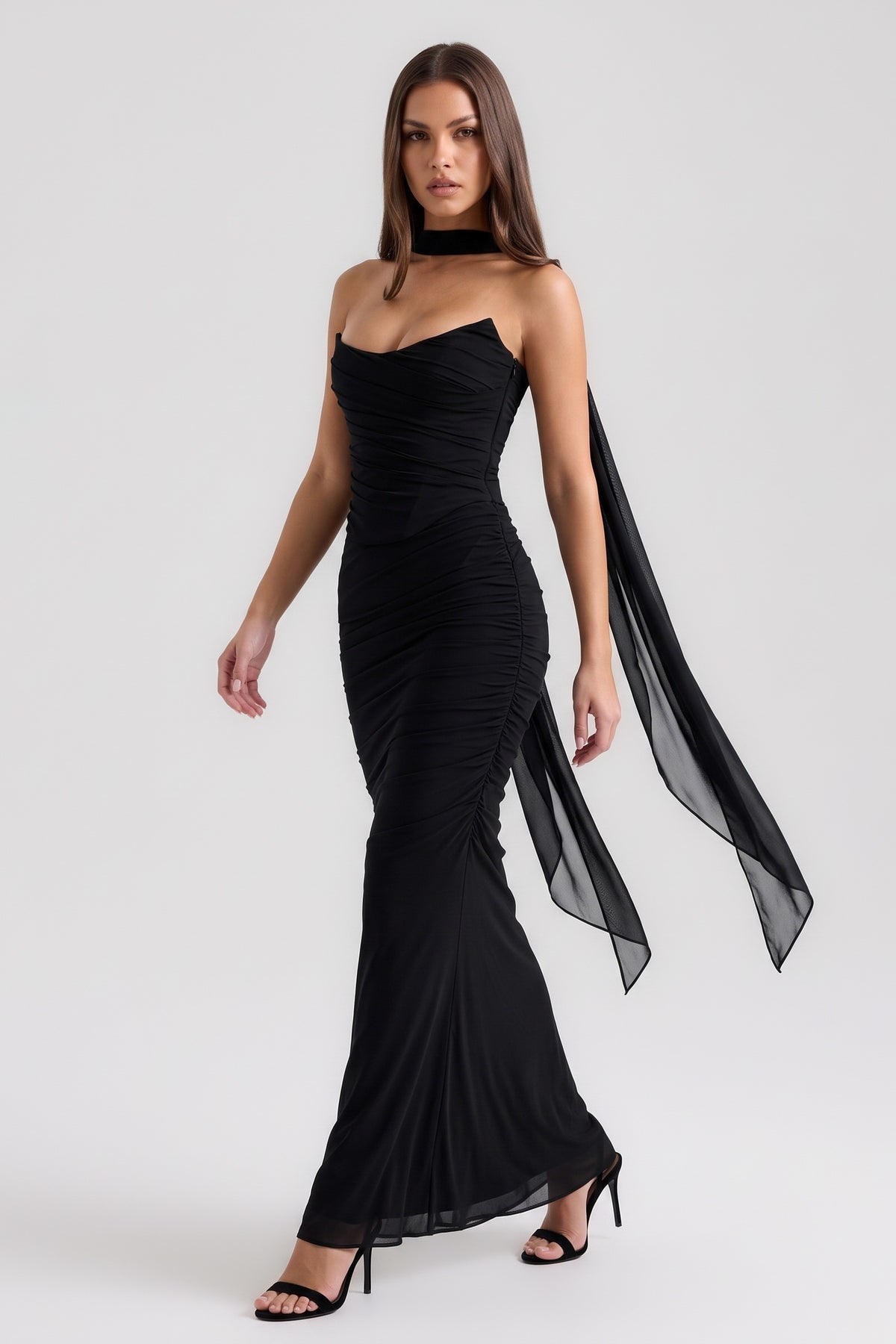 malu black maxi dress walking scarf view