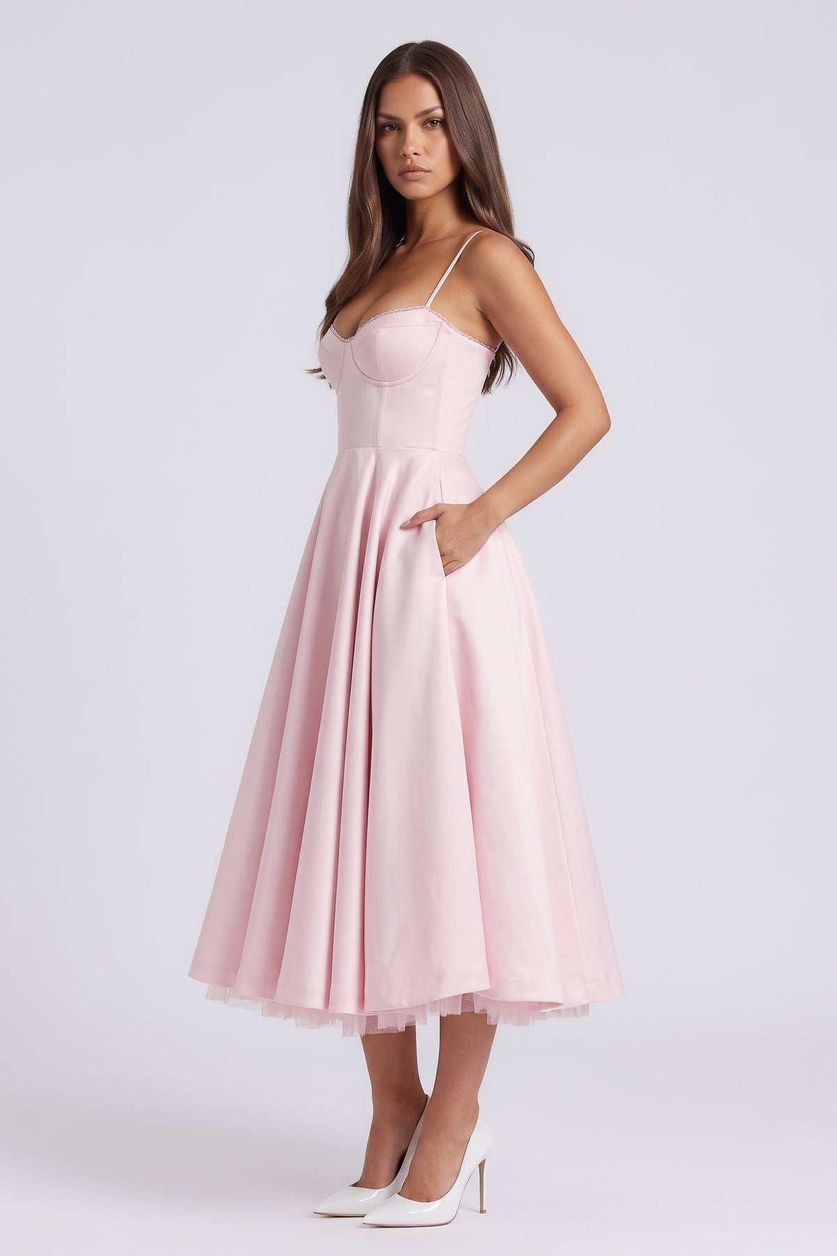 selene blush pink midi dress pocket view