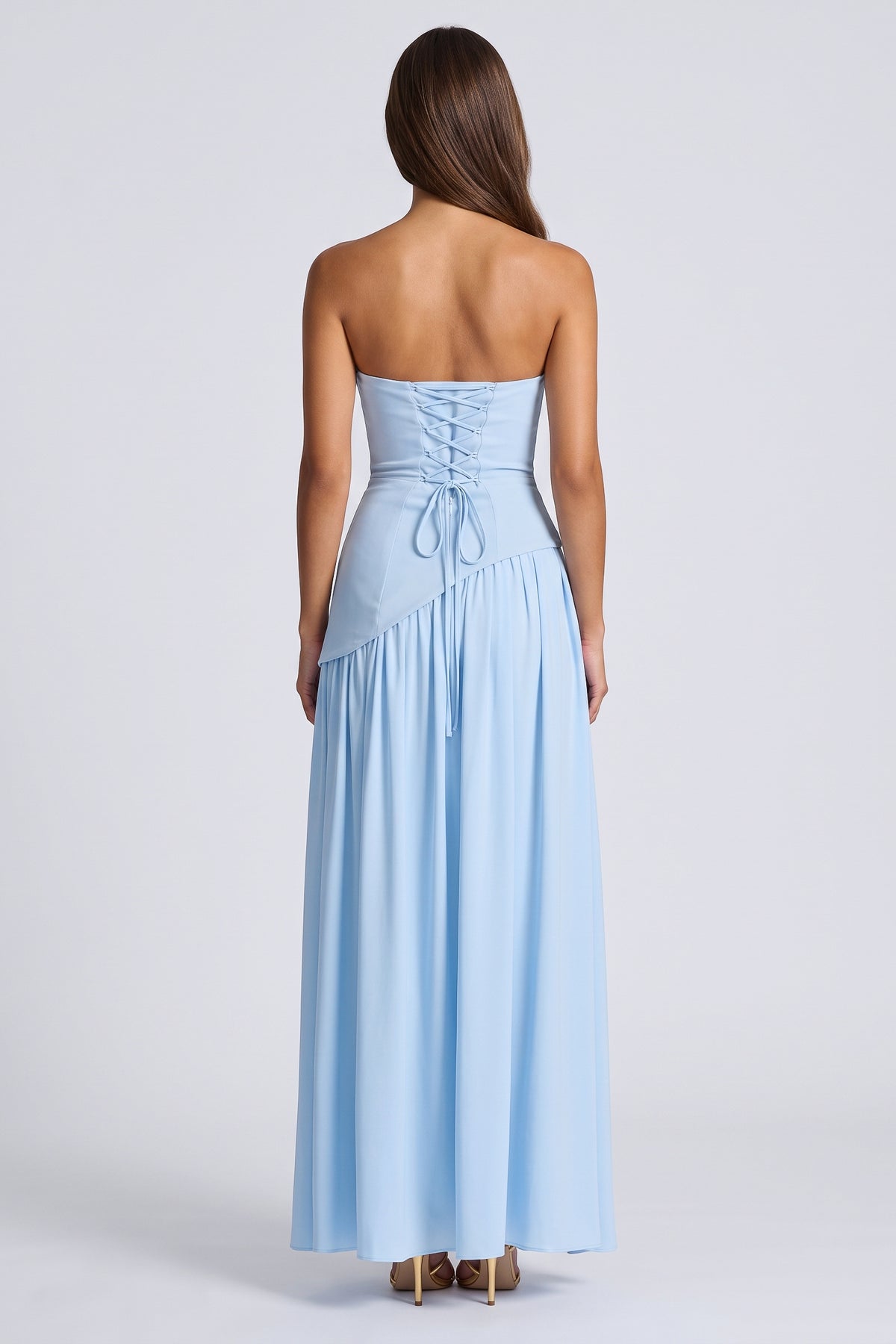 Serena Baby Blue maxi dress, lace up back view