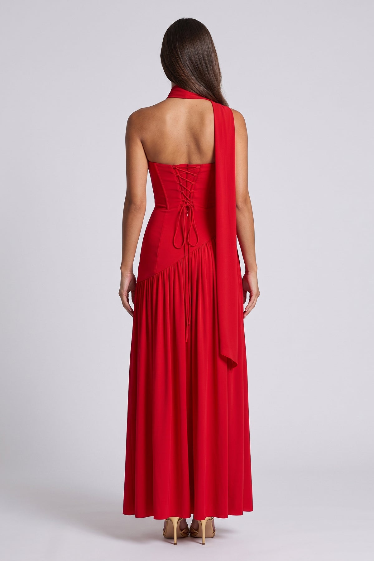 Serena Red maxi dress, lace up back view