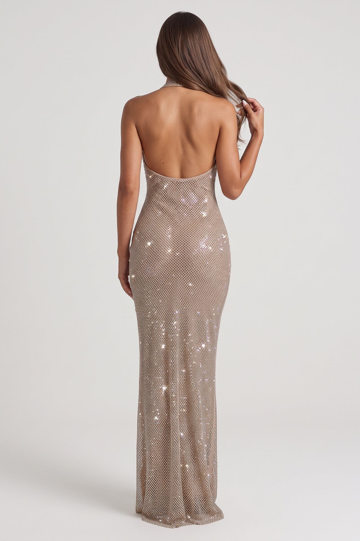 aurea gold maxi dress open back view