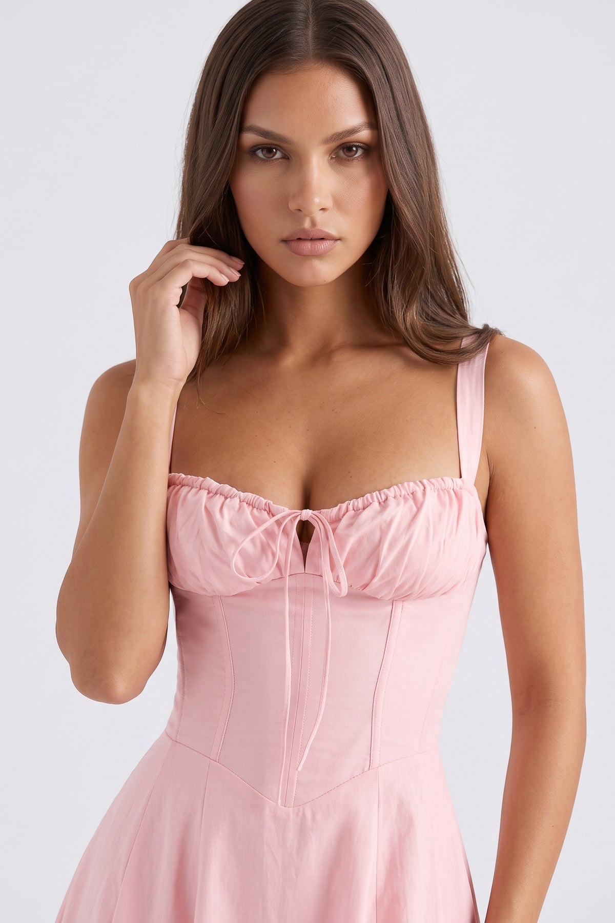 Aurora Pink midi dress, corset bodice detail