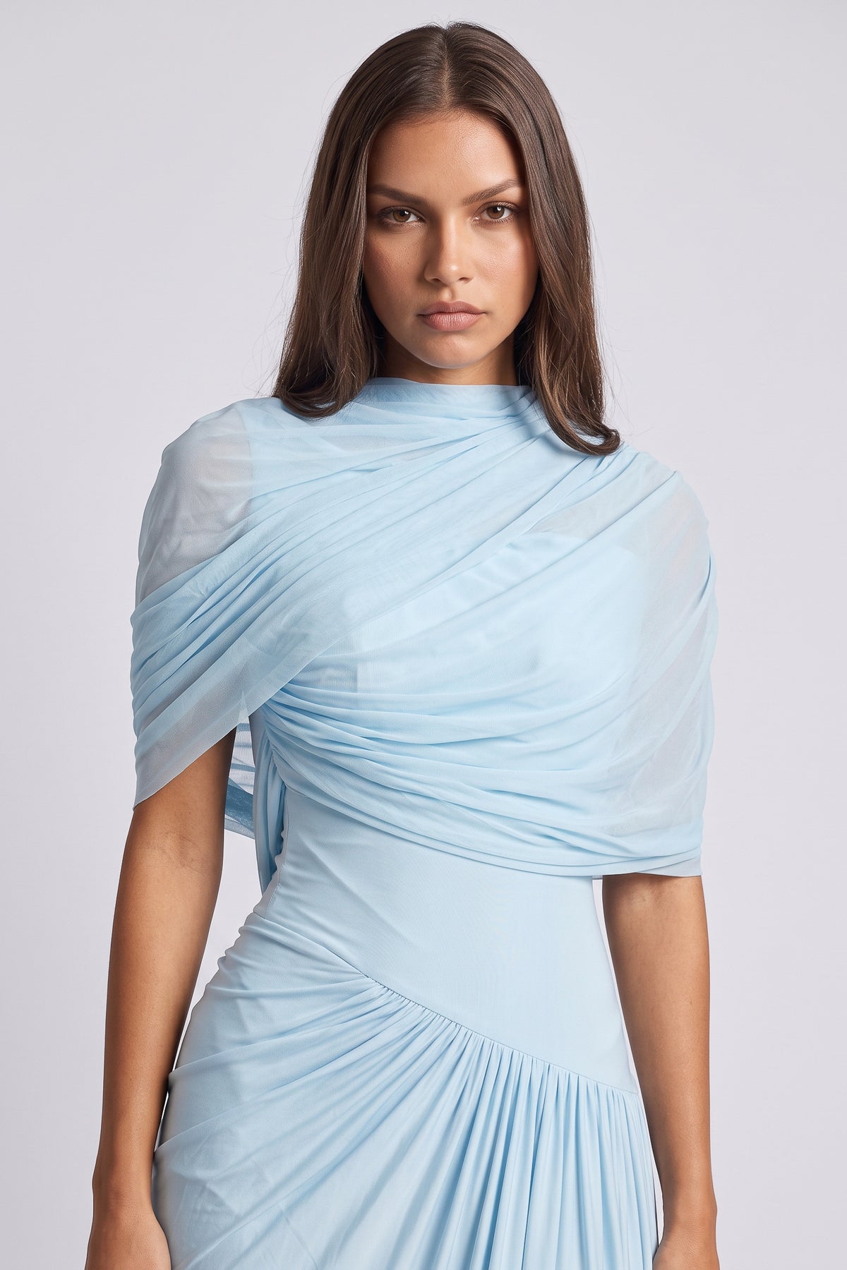 camilla baby blue maxi dress draped bodice detail