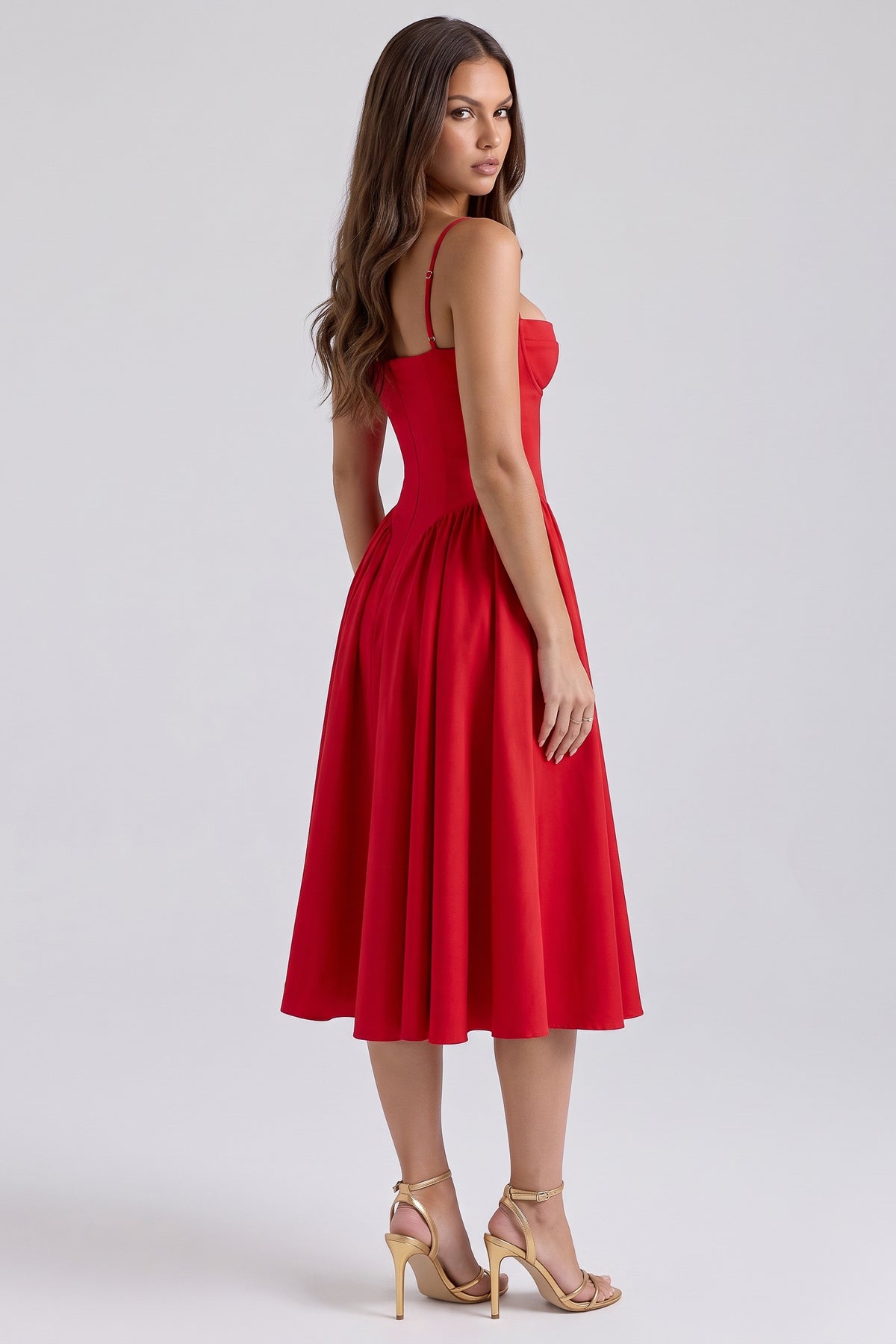 francesca red midi dress three quarter back