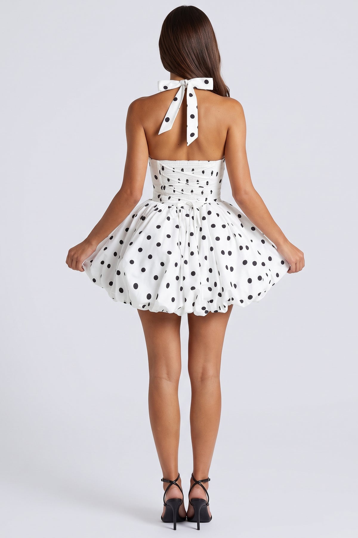 giulia white black polka dot mini dress back halter tie