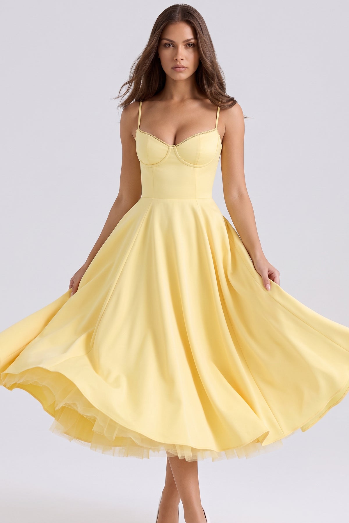 selene butter yellow midi dress tulle skirt movement
