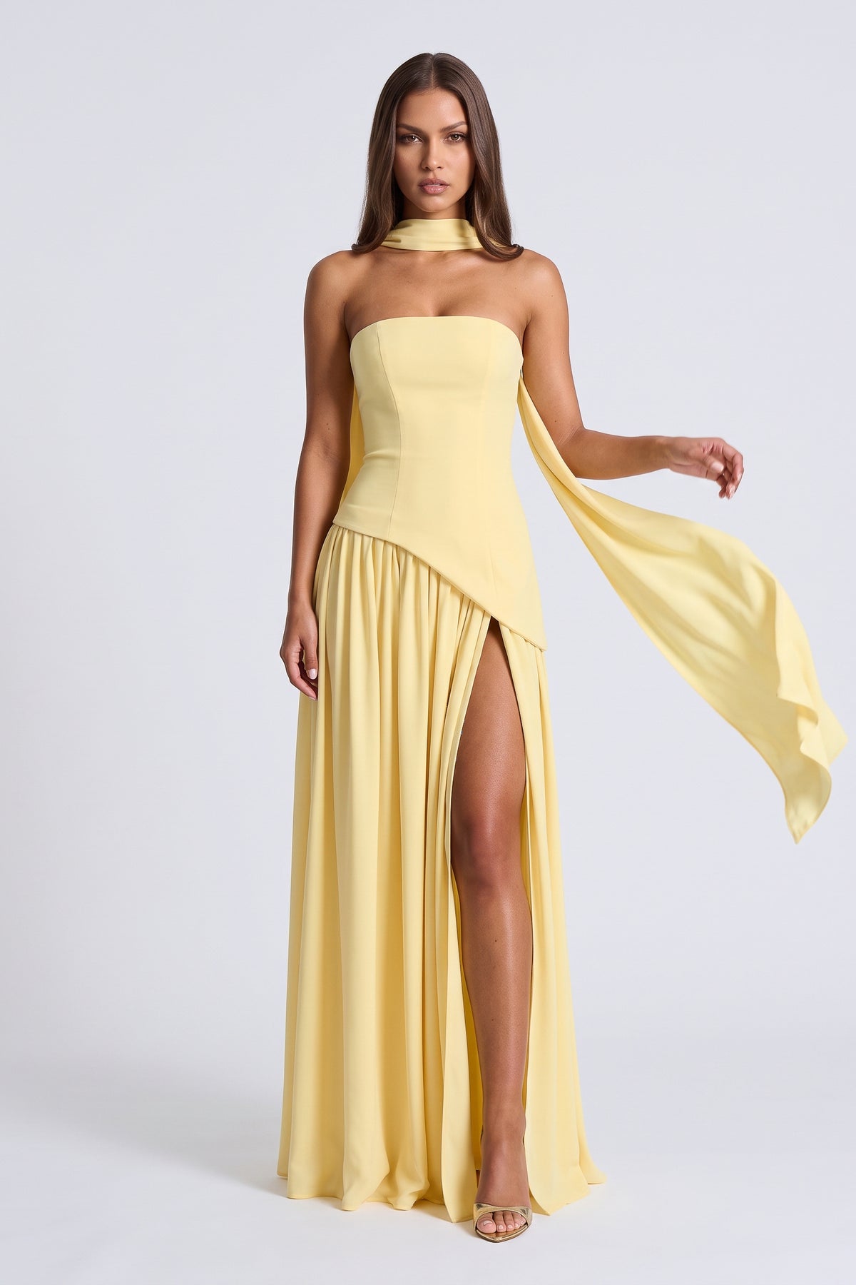 Serena Butter Yellow maxi dress, scarf movement