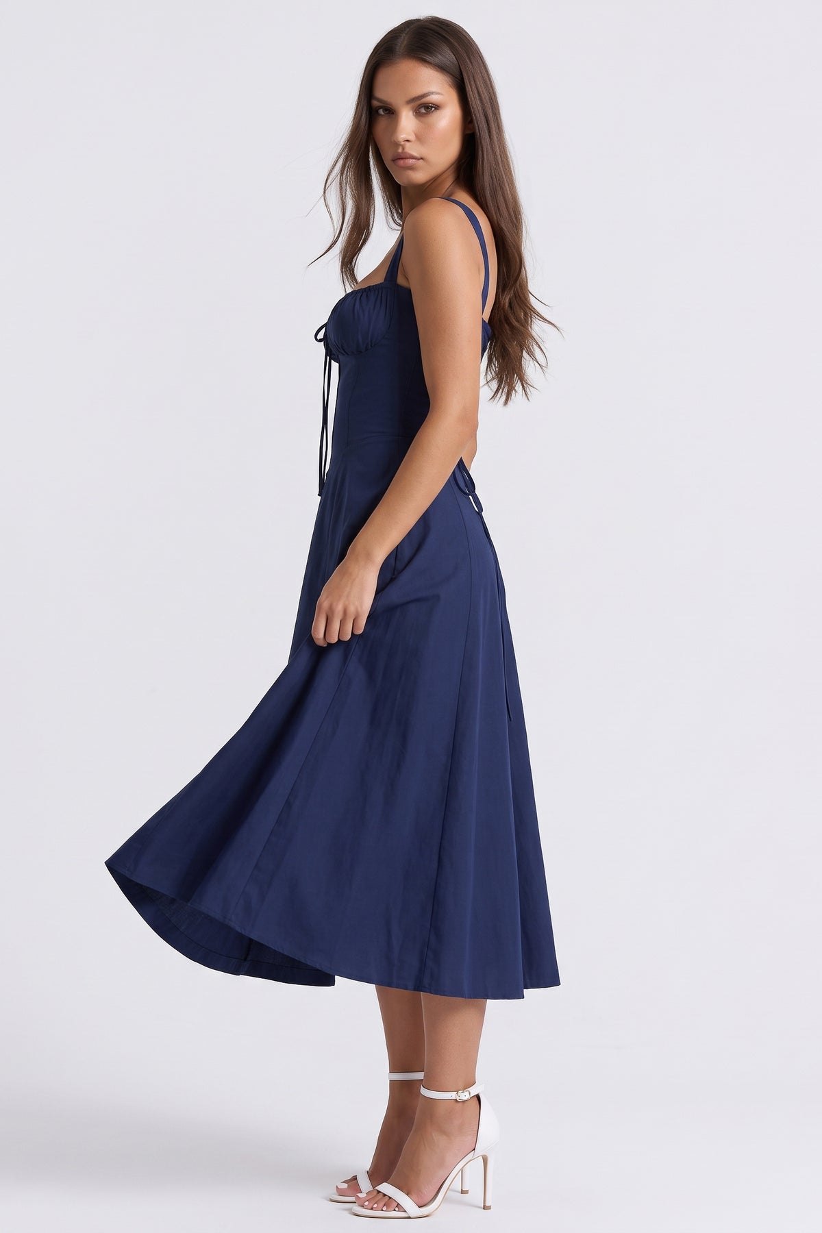 Aurora Dark Blue midi dress, skirt movement