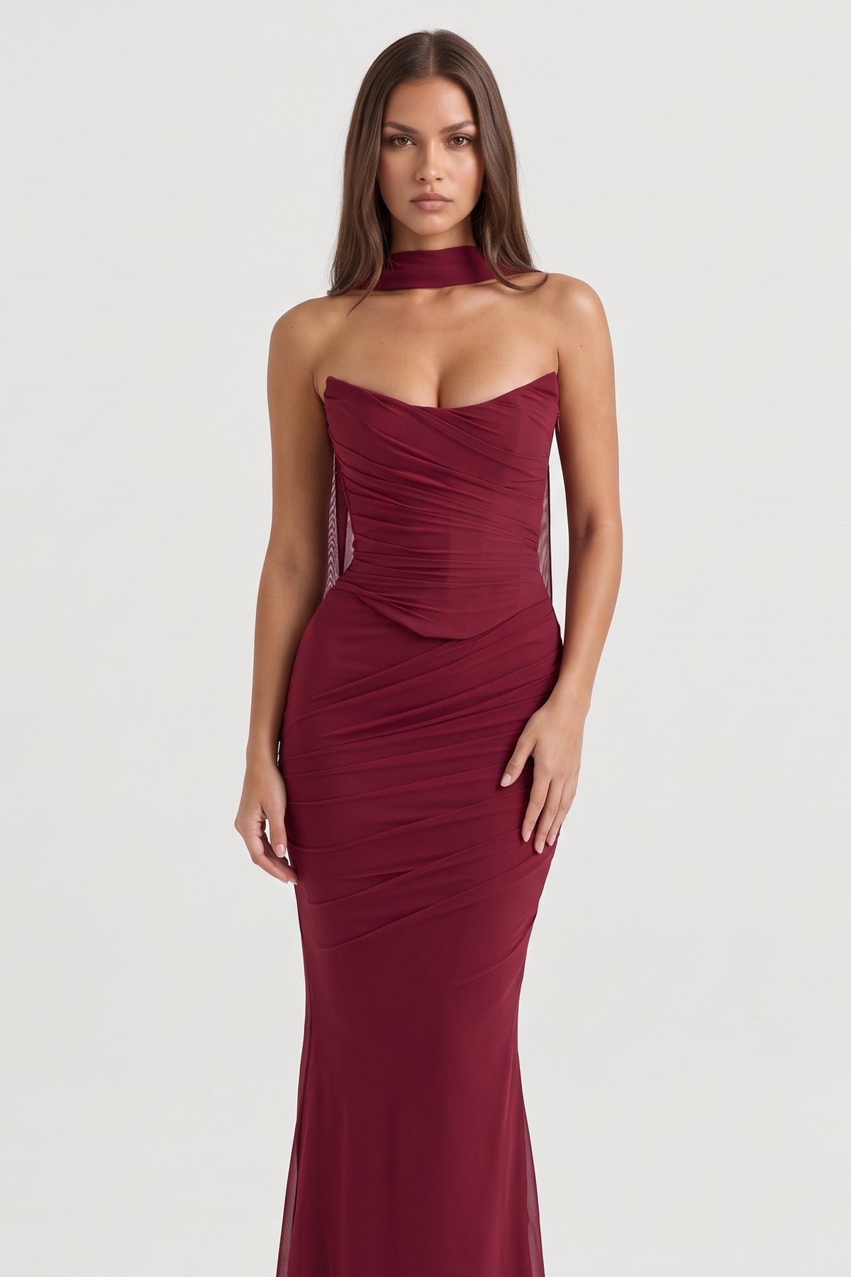malu burgundy maxi dress ruched bodice detail