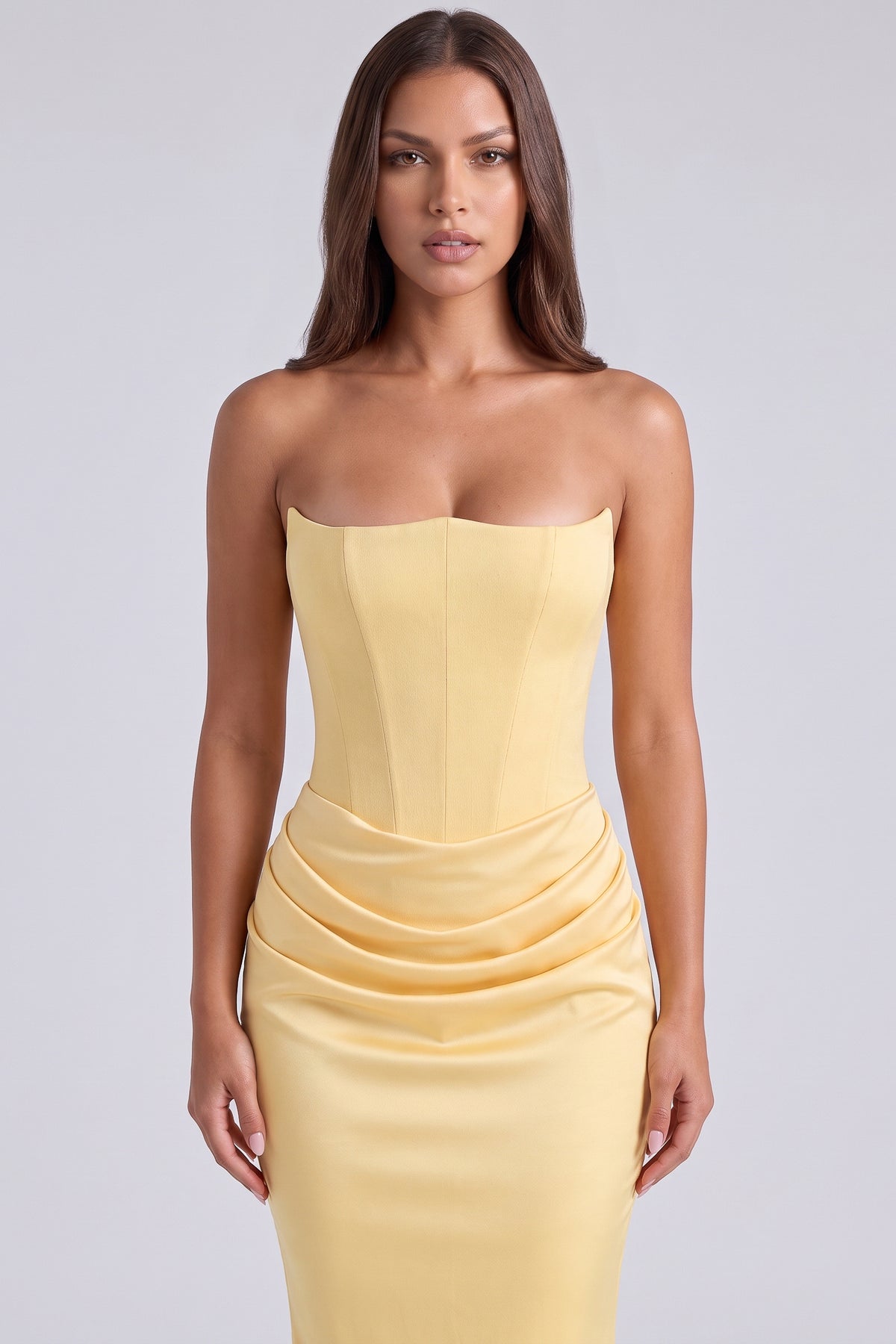 rosalind yellow maxi dress corset draping detail