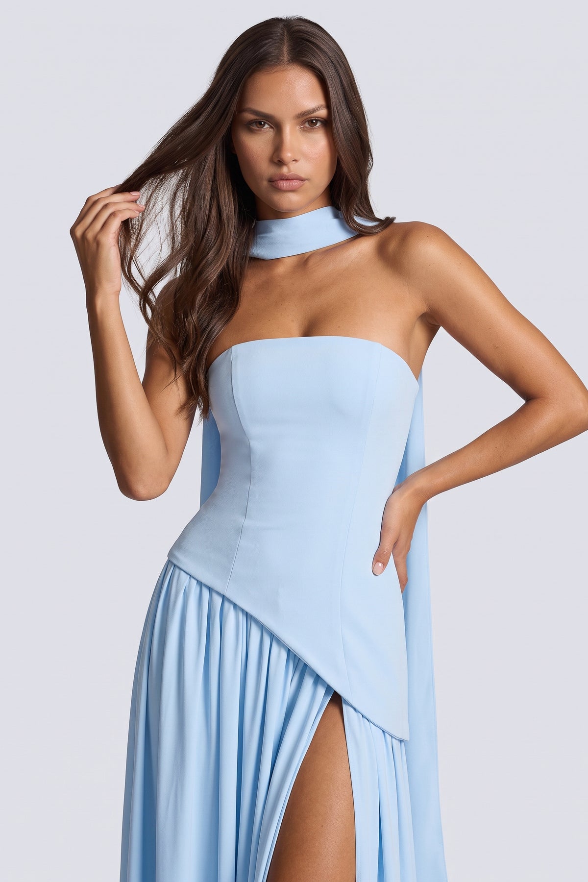 Serena Baby Blue maxi dress, bodice detail