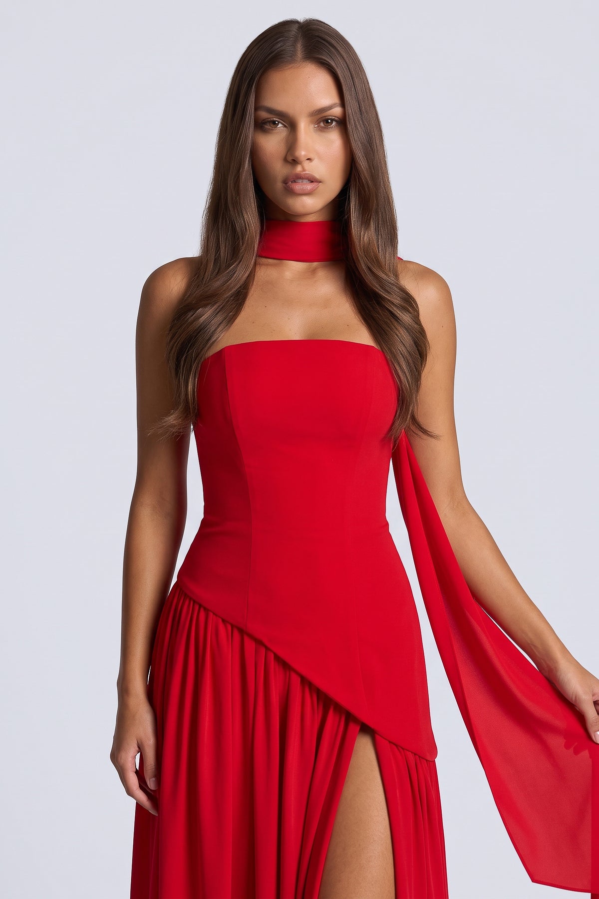Serena Red maxi dress, bodice detail