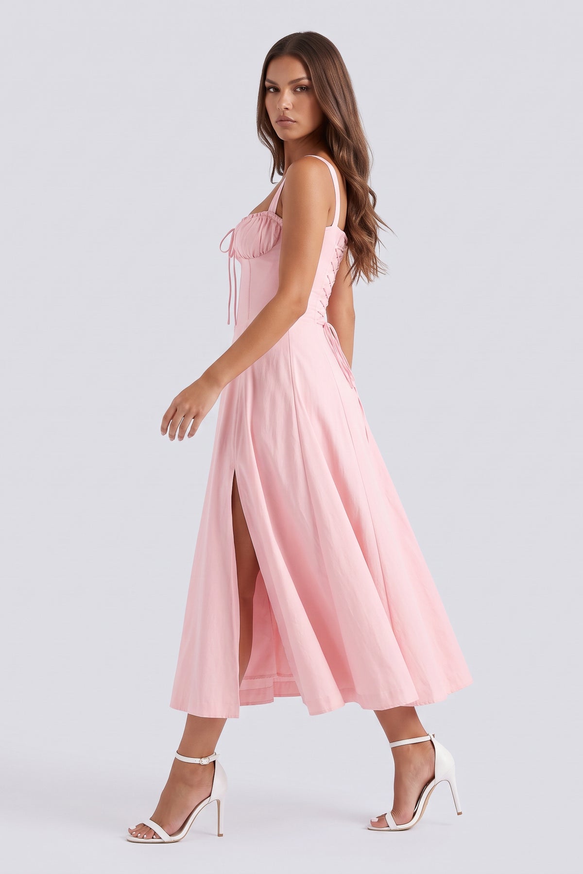 Aurora Pink midi dress, side view