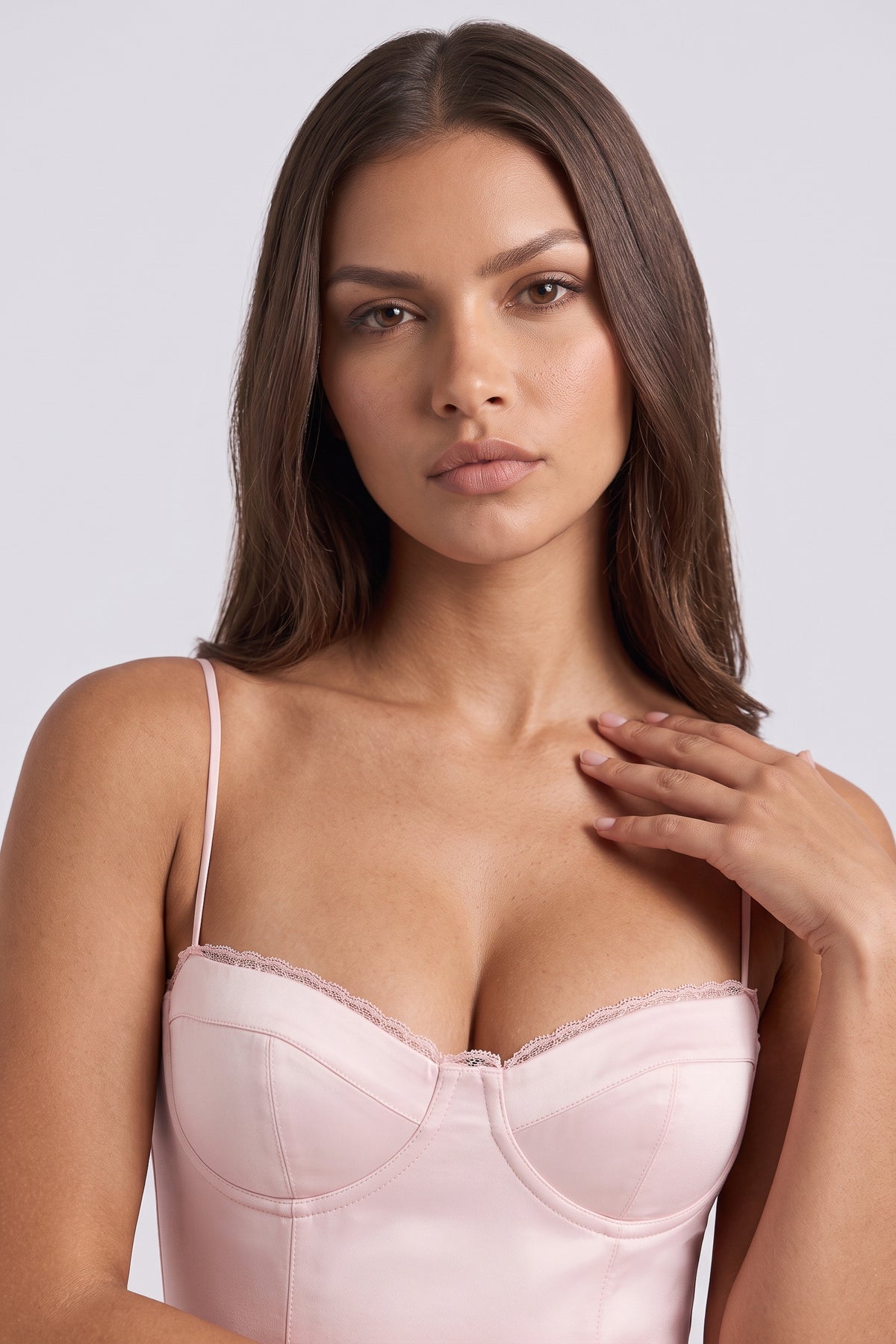 selene blush pink midi dress bodice lace detail