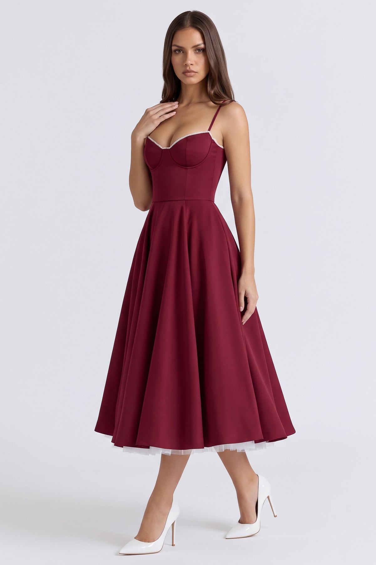 selene burgundy midi dress walking view